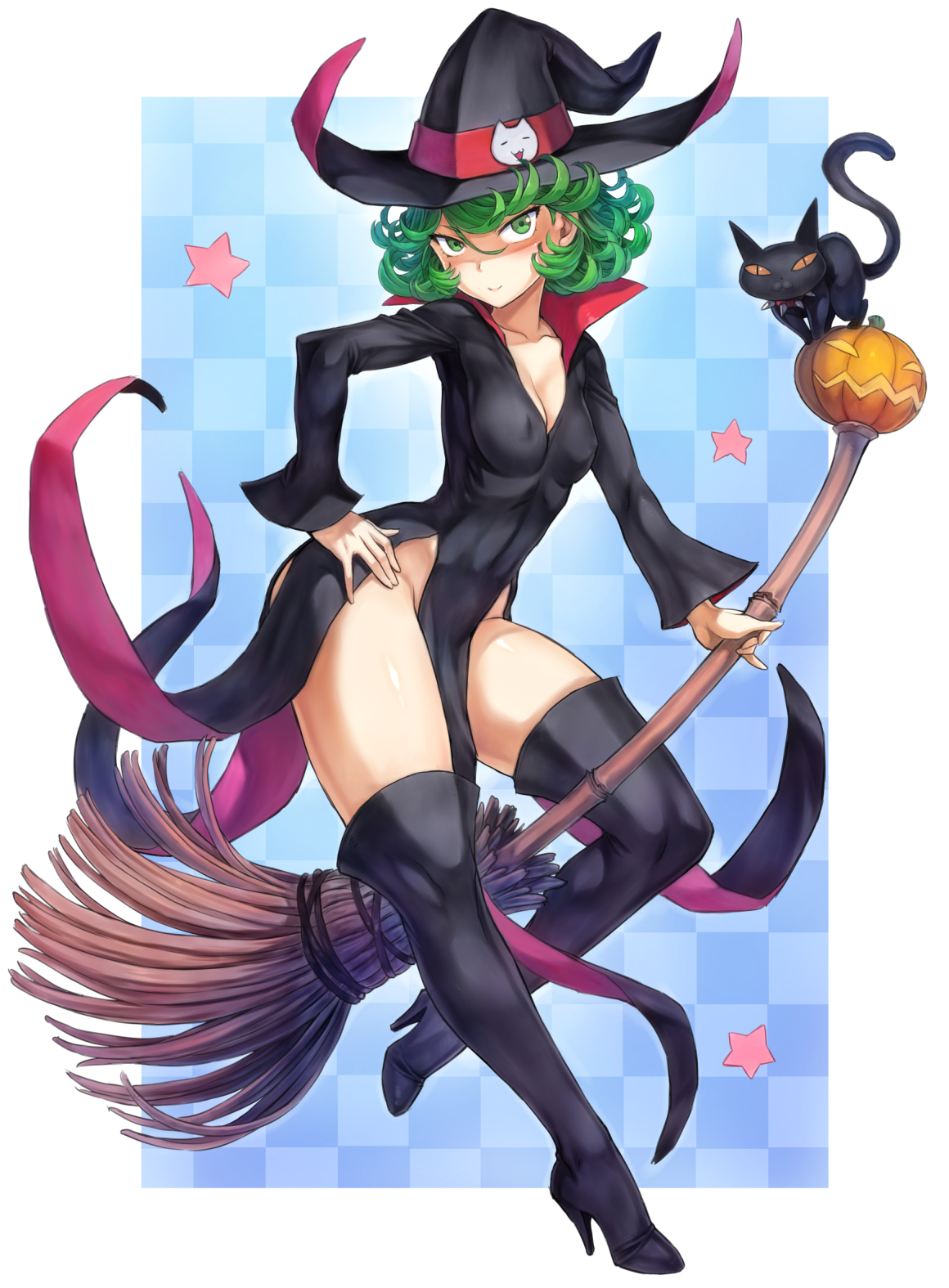 1girls, blush, broom, erect nipples, erect nipples under clothes, female, female only, green eyes, green hair, halloween, halloween costume, mogudan, nipples, one-punch man, solo, tatsumaki, thigh boots, witch costume