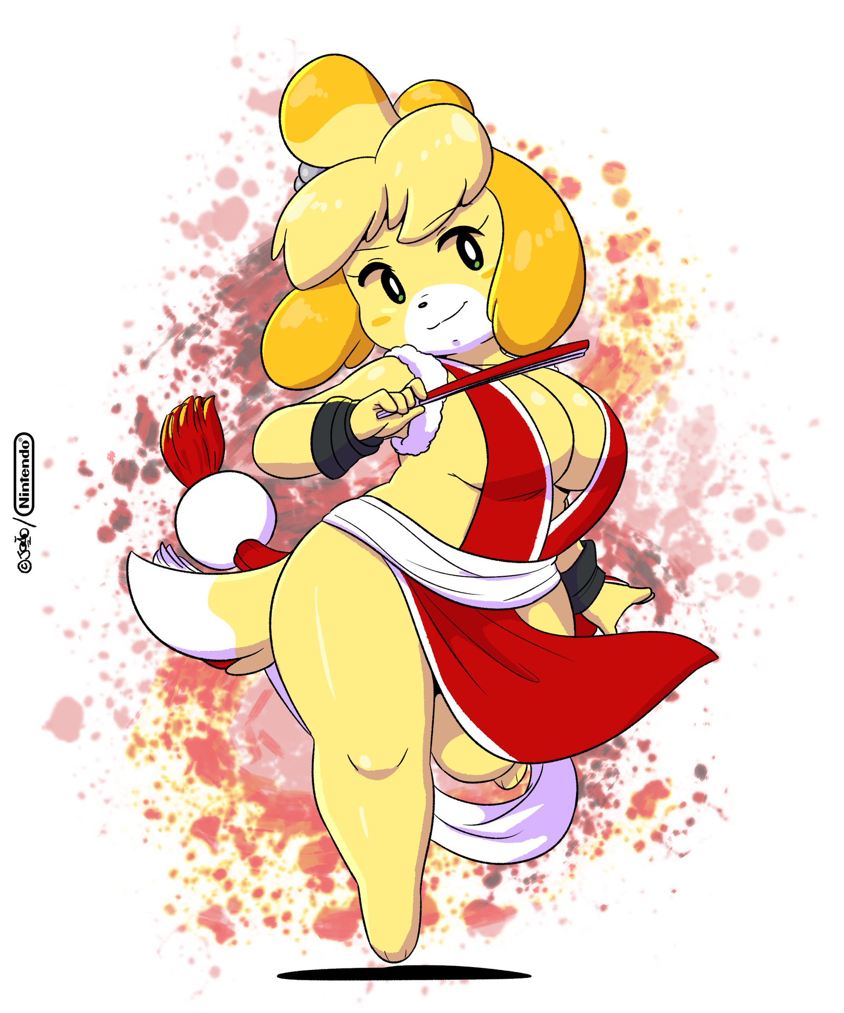 1girls, 2019, animal crossing, anthro, breasts, canid, canine, chubby, chubby female, cleavage, cosplay, fatal fury, female, furry, isabelle (animal crossing), japanese clothes, joaoppereiraus, king of fighters, loincloth, mai shiranui, mai shiranui (cosplay), nintendo, pelvic curtain, skimpy, skimpy clothes, snk, solo, solo focus, thick thighs