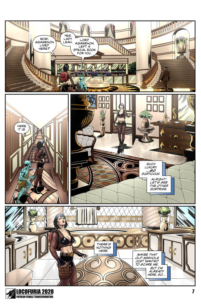 2020 boots character_name comic detailed_background english_text female fishnet_legwear fishnet_topwear hotel indoors leah locofuria page_7 page_number shorts