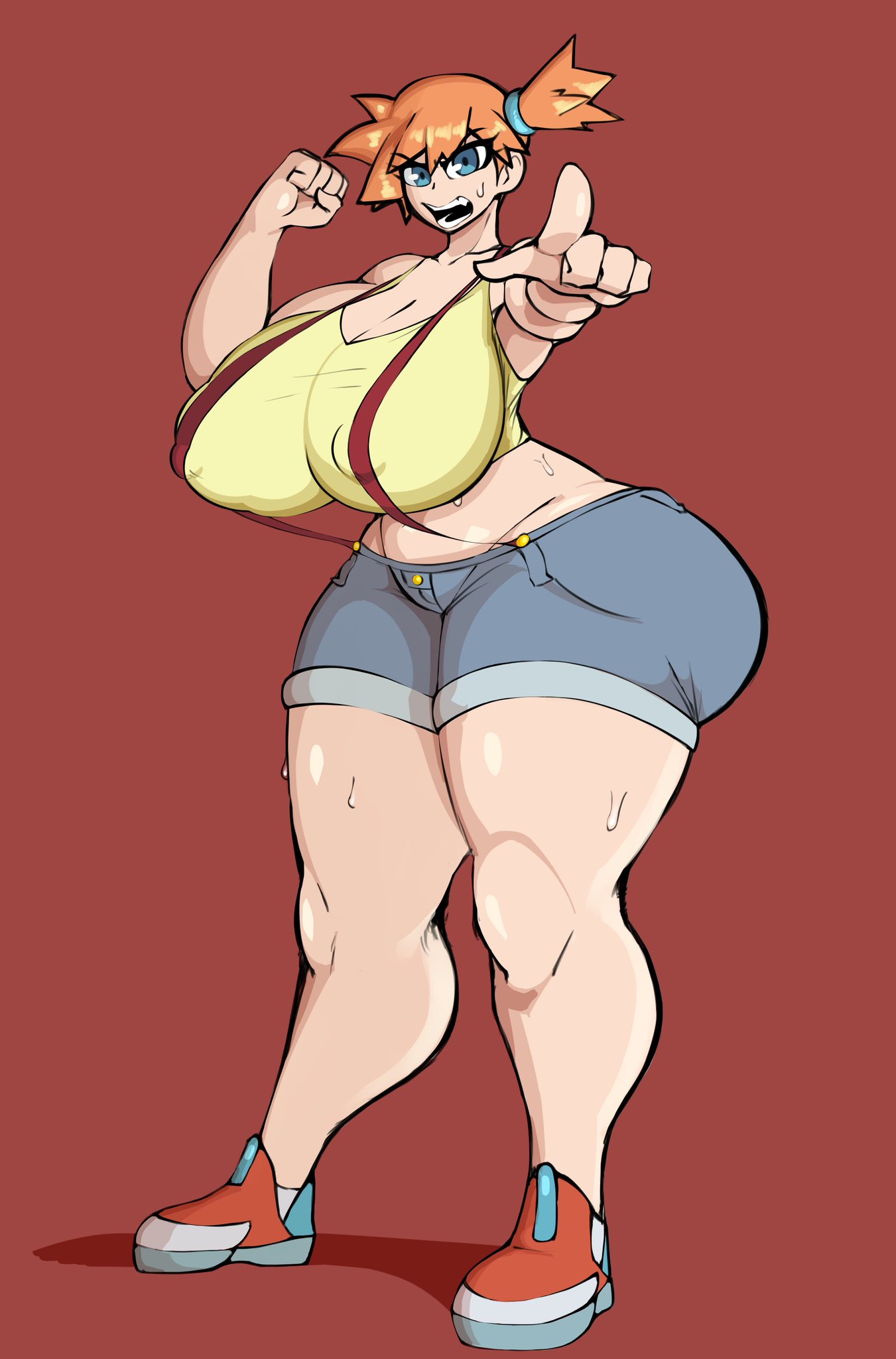 1futa, 2020, 2d, 2d (artwork), 2d artwork, alternate breast size, angry, ass, big ass, big breasts, big butt, big thighs, breasts, clothed, clothing, futa focus, futa only, futanari, huge ass, huge breasts, intersex, jjsinchan, kasumi (pokemon), looking at viewer, orange hair, partially clothed, pointing at viewer, pokemon, solo, solo futa, suspenders, sweat, venus body, voluptuous, wide hips