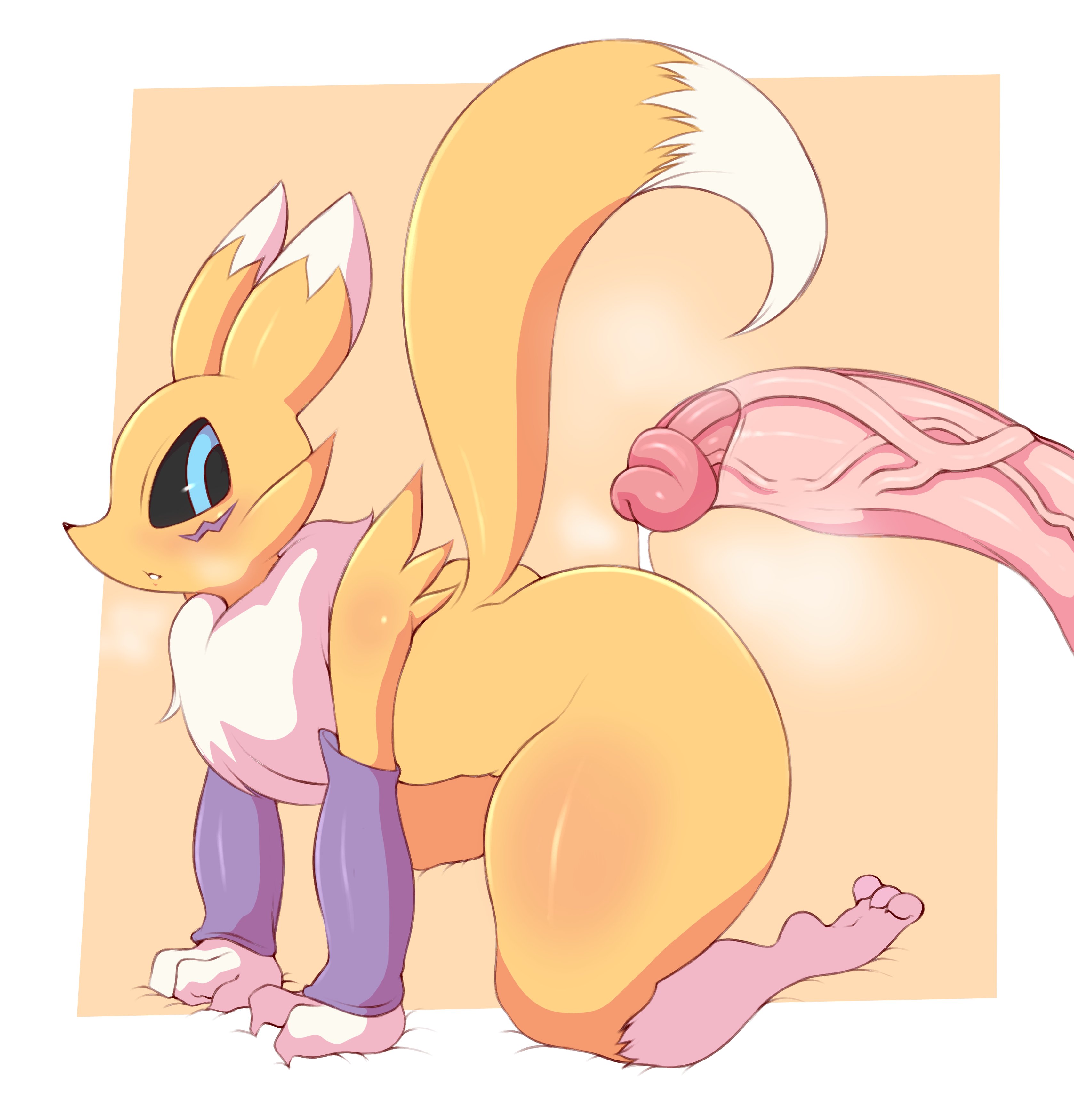 1boy, 1girls, all fours, ass, big penis, black sclera, blue eyes, digimon, digimon (species), erection, female, huge cock, imminent sex, interspecies, large penis, looking at penis, looking back, male, penis, precum, precum drip, renamon, saltyxodium, tail, thick thighs, thighs, two-tone fur, veiny penis, yellow fur