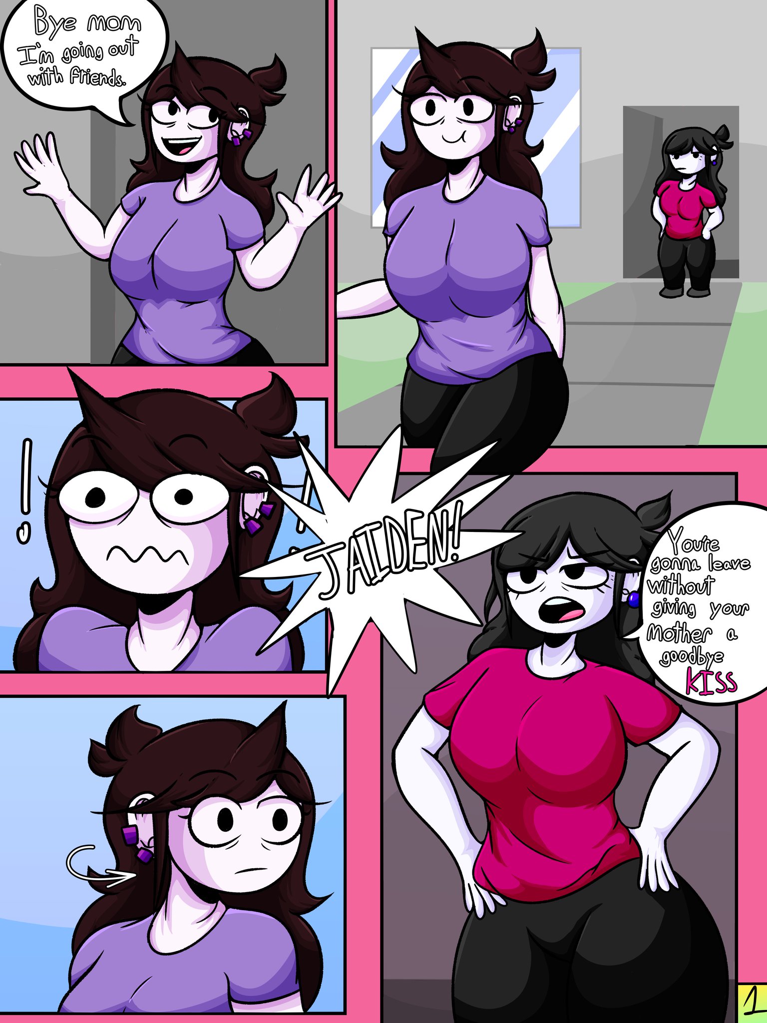 black hair, breasts, brown hair, busty, comic, dialogue, duo, english text, eye bags, female, female only, hands on hips, incest, jaiden, jaiden animations, jaidens mom, long hair, milf, mother and daughter, multiple females, multiple girls, piercing, solidrich, text, youtube, youtuber