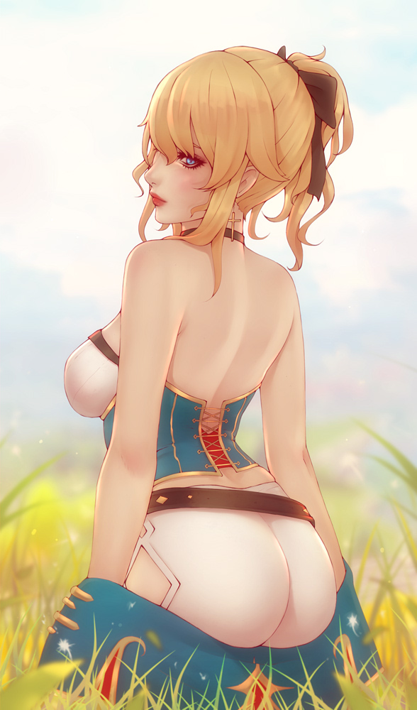 1girls 2d 2d_(artwork) ass back bangs bare_shoulders black_bow blonde_hair blue_corset blue_eyes blue_sky bow breasts cloud corset corset_bra female female_focus female_only fully_clothed genshin_impact grass hair_between_eyes hairbow halterneck hi_res high_ponytail highres jean_gunnhildr large_breasts pants ponytail sideboob sidelocks skin_tight sky solo solo_female solo_focus soranamae tight tight_pants white_pants