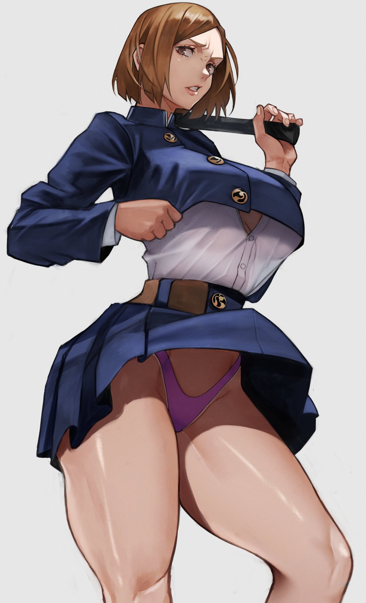 1girls alternate_version_available beltskirt breasts brown_eyes brown_hair female_only front_view glaring gritted_teeth hairless_pussy hi_res holding_object hourglass_figure huge_breasts jacket jujutsu_kaisen kugisaki_nobara large_breasts long_sleeves looking_at_viewer no_pants panties parted_lips pink_panties plain_background shirt shirt_lift short_hair skirt solo solo_female teenager thick_thighs thighs thong unbuttoned_shirt underboob underwear upskirt white_background wide_hips yoshi55level