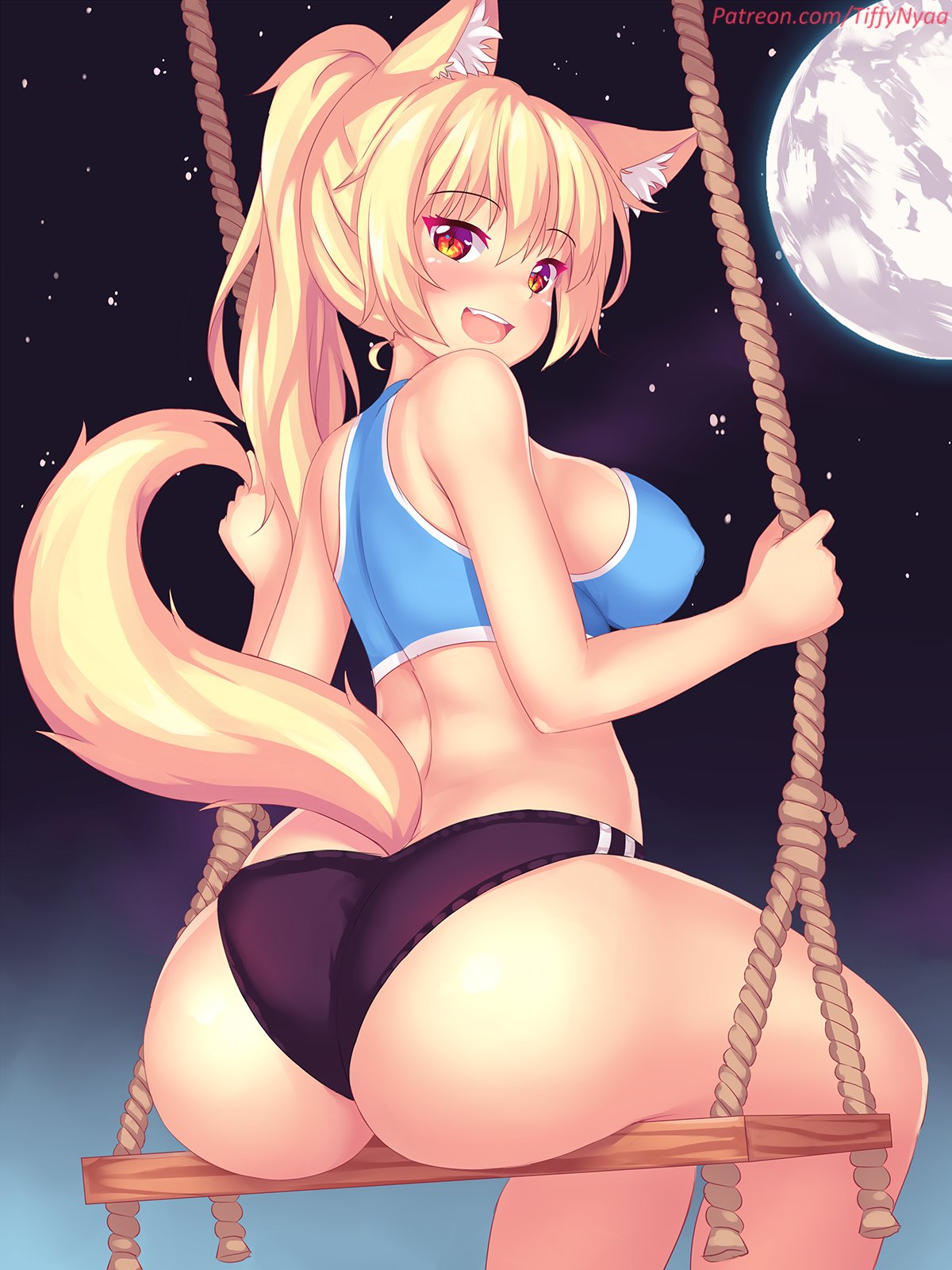 animal ears, animal tail, ass, blonde hair, breasts, buruma, female, fox ears, fox girl, fox tail, from behind, kemonomimi, large breasts, ponytail, red eyes, sideboob, sports bra, sportswear, swing, tail, tiffy, tiffynyaa