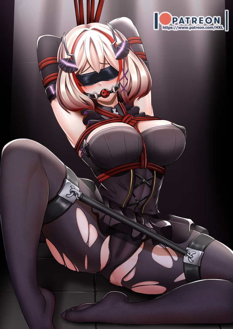 arms_behind_head azur_lane black_bustier black_dress black_legwear black_panties blindfold bondage bound bound_arms bound_legs breasts bustier cleavage dress female femsub gag gagged headgear hexelica idol light_brown_hair multicolored_hair panties pantyhose patreon_username red_ball_gag red_hair red_rope restrained roon_(azur_lane) roon_(muse)_(azur_lane) rope rope_bondage short_dress short_hair solo spread_legs spreader_bar streaked_hair tied_up torn_clothes torn_legwear two-tone_hair underwear