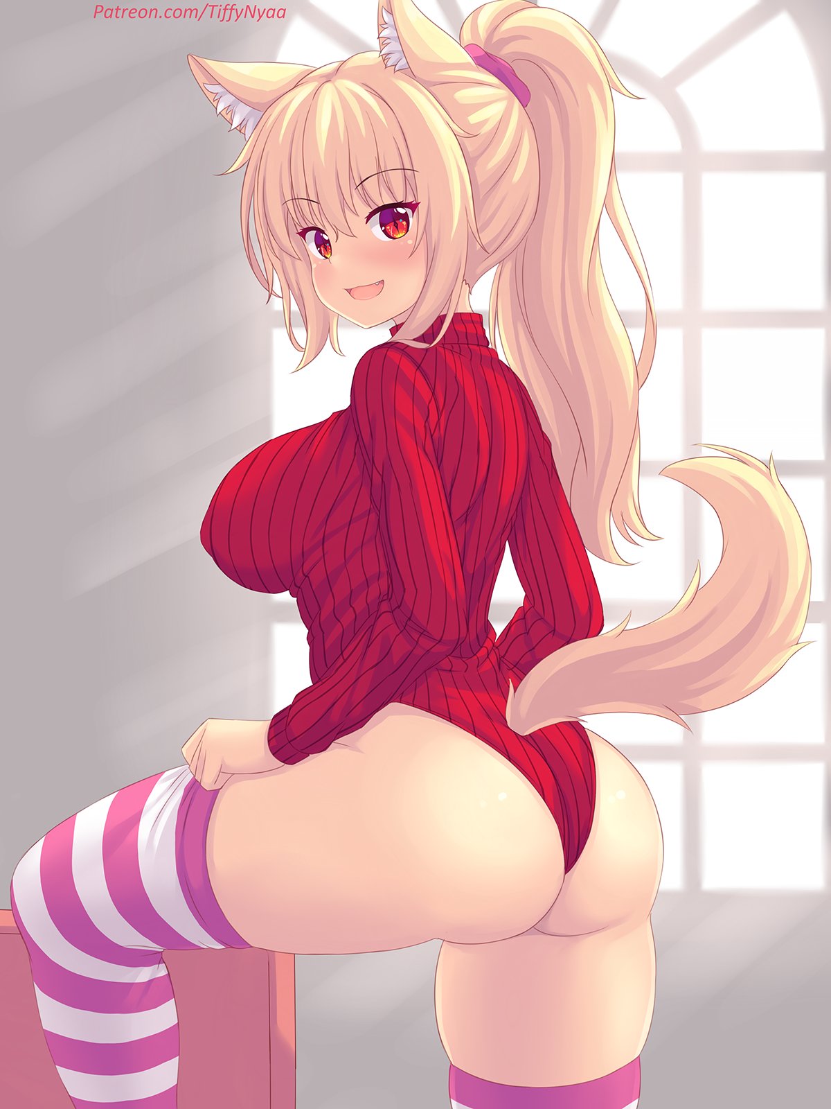 1girls animal_ears animal_tail ass blonde_hair blush breasts fox_ears fox_girl fox_tail kemonomimi large_breasts leotard leotard_sweater nipple_bulge orange_eyes patreon ponytail red_eyes stockings striped_legwear tail thighhighs tiffy tiffynyaa