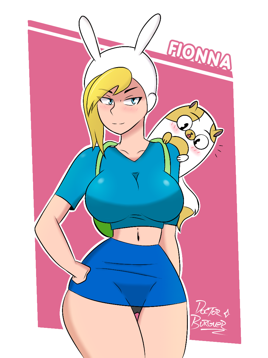 2girls, adventure time, backpack, bag, big breasts, blue eyes, breasts, cake the cat, cartoon network, cat tail, curvy, doctorbuguer, feline, female, fionna the human girl, furry, human, pink background, yellow hair