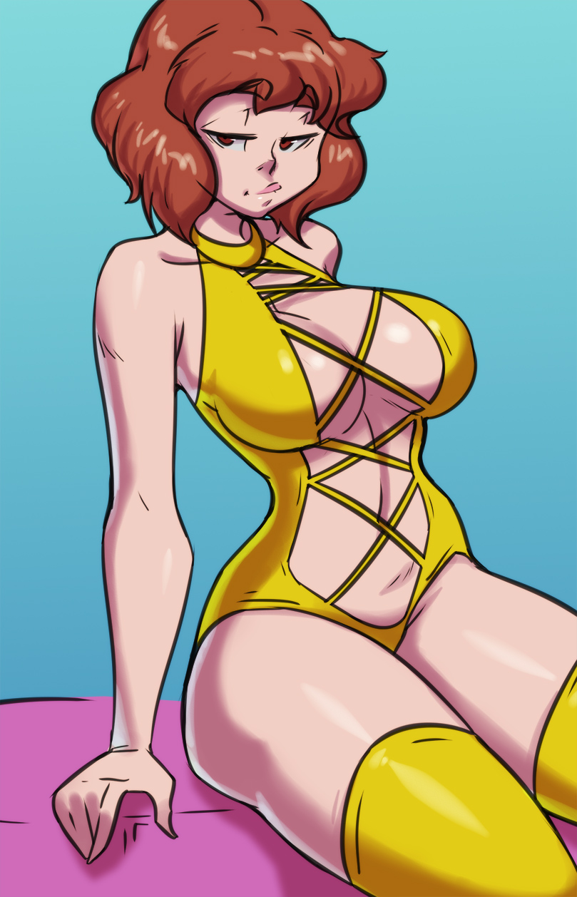 april o'neil, april o'neil (tmnt 1987), bare thighs, bed, big breasts, breasts, cleavage, female, female only, hair, human, human only, latex stockings, light skin, light-skinned female, looking at viewer, on bed, one-piece swimsuit, short hair, short hair female, teenage mutant ninja turtles, thighs