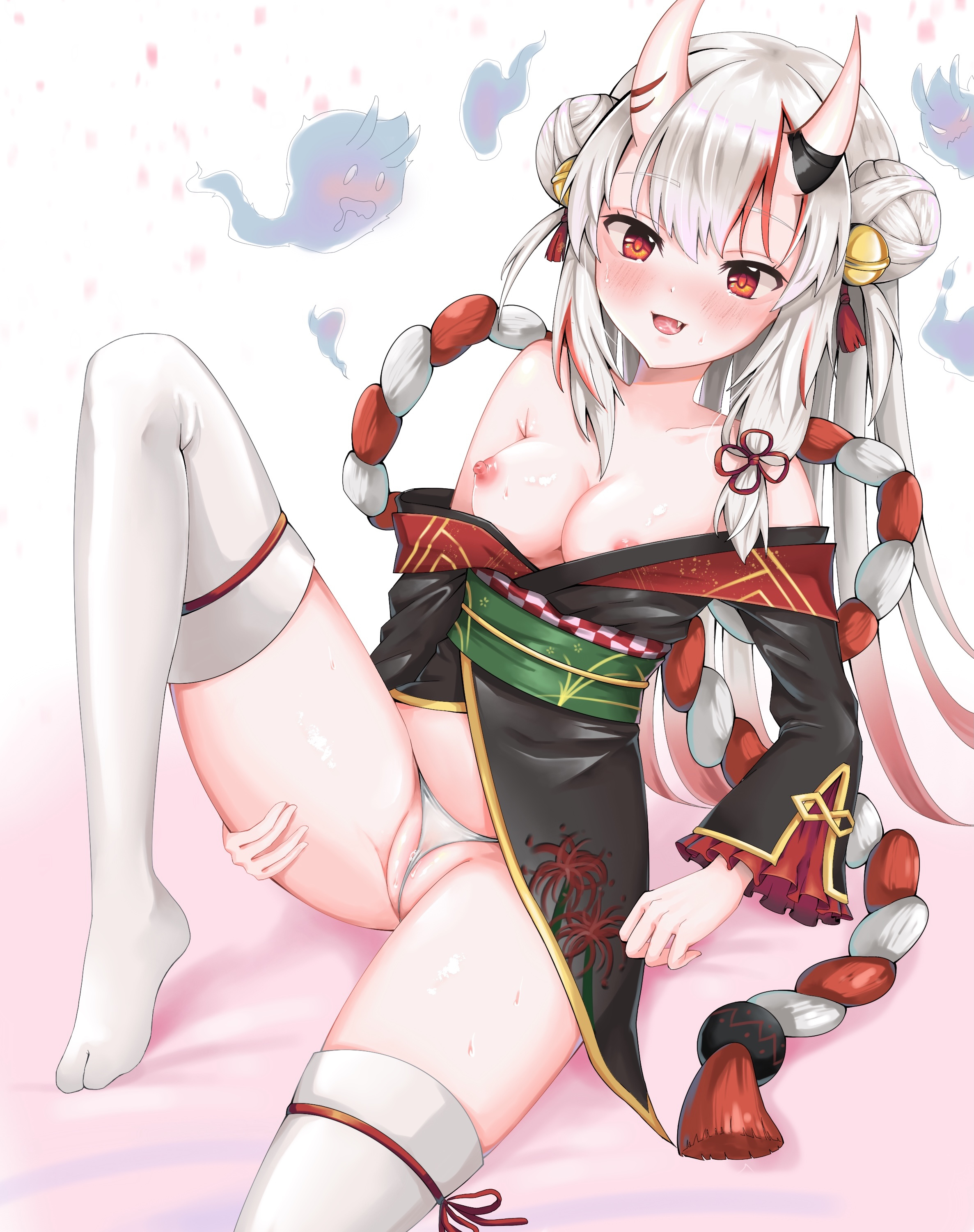 blush, breasts, female, hololive, hololive gen 2, hololive japan, horns, japanese clothes, miwa (pixiv), multicolored hair, nakiri ayame, nipples, oni, oni horns, panties, red eyes, solo, thighhighs, virtual youtuber, white hair