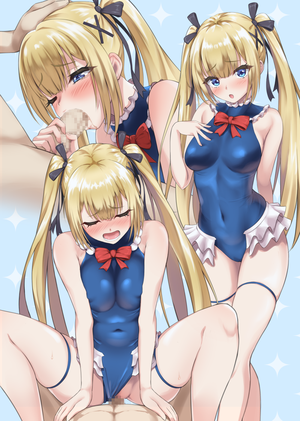 1boy 1girls 2020 aroused azur_lane bangs black_ribbon blonde_hair blue_eyes blue_leotard blush breasts clothed_sex covered_navel cowgirl_position dead_or_alive dead_or_alive_5 excited fellatio female female_on_top fit_female frilled_leotard frills hair_ornament hair_ribbon handjob highres human leotard light-skinned_female long_hair looking_at_viewer looking_pleasured marie_rose marie_rose_(devilish_servant_against_the_splashing_waves) medium_breasts multiple_views one-piece_swimsuit one_eye_closed open_mouth oral penis petite pov pussy ribbon riding_penis sex slim_waist small_breasts spread_legs straddling straight swimsuit teenage_girl teenager thighs twintails urayama_(backmountain) vaginal_penetration x_hair_ornament