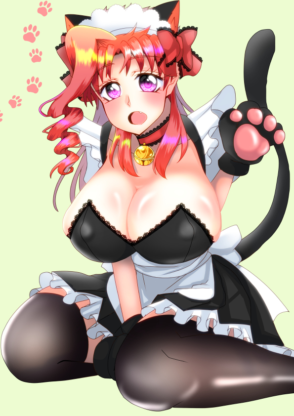 1girls, bell, bell collar, big breasts, black legwear, breasts, cat ears, cat girl, cat paws, cat tail, catgirl, choker, cleavage, clothed, clothing, collar, female, female only, g3mma, human, jojo's bizarre adventure, light skin, light-skinned female, maid, maid headdress, maid uniform, nekomimi, nipples visible through clothing, noriaki kakyoin, open mouth, paw gloves, rule 63, short hair, shounen jump, sitting, solo, solo female, stardust crusaders, thighhighs, waving