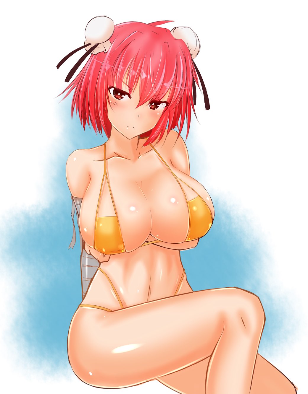 >:( 1girls alternate_costume bandaged_arm bandages bangs bare_arms bikini blush breast_hold breasts bun_cover collarbone double_bun female frown fujikusa hair_bun kasen_ibaraki large_breasts looking_at_viewer micro_bikini navel red_eyes red_hair shiny shiny_skin short_hair sitting skindentation solo square_bikini stomach swimsuit tagme touhou v-shaped_eyebrows yellow_bikini