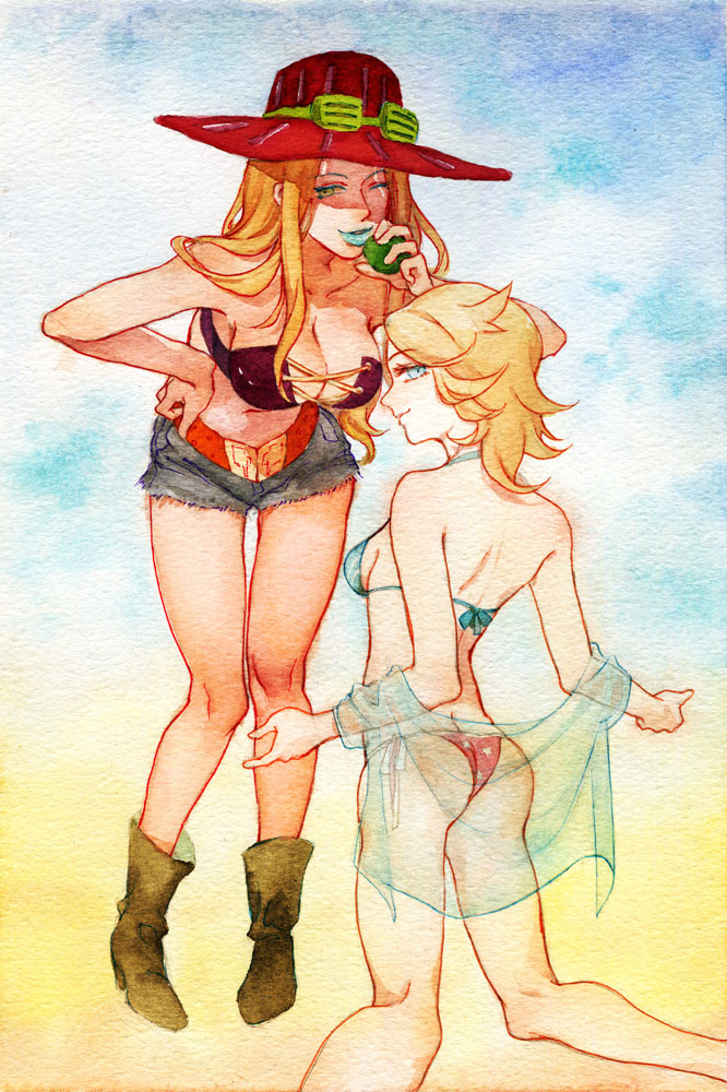 2girls, ass, back, bent over, big breasts, bikini, blonde hair, boots, booty shorts, bra, breasts, cleavage, clothed, cowboy hat, eyelashes, eyeliner, facing another, facing away, facing viewer, female, female only, genderswap, genderswap (mtf), gyro zeppeli, hand on hip, hat, homosexual, human, johnny joestar, jojo's bizarre adventure, lesbian, light skin, light-skinned female, lingerie, lipstick, long hair, looking back, makeup, medium hair, on knees, panties, partially clothed, rule 63, see-through, short shorts, shorts, shounen jump, small breasts, steel ball run, swimsuit, thong bikini, wink, yuri