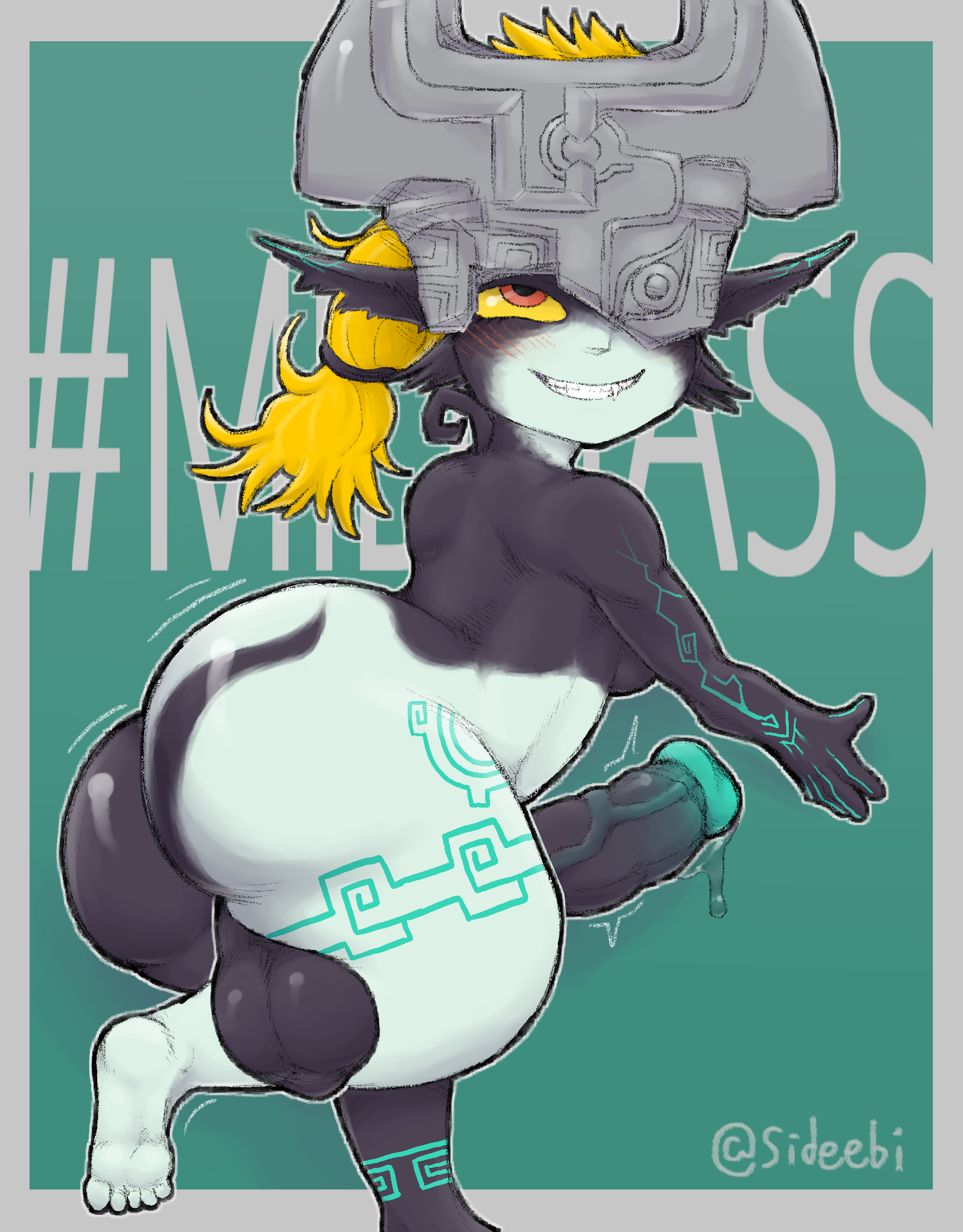 balls, blonde hair, blush, clothing, futanari, genitals, hair, headgear, headwear, hi res, humanoid, imp midna, intersex, looking up, markings, midna, multicolored body, nintendo, penis, shortstack, sideebi, signature, smile, solo, tagme, the legend of zelda, twili, twilight princess, vein, veiny penis, video games