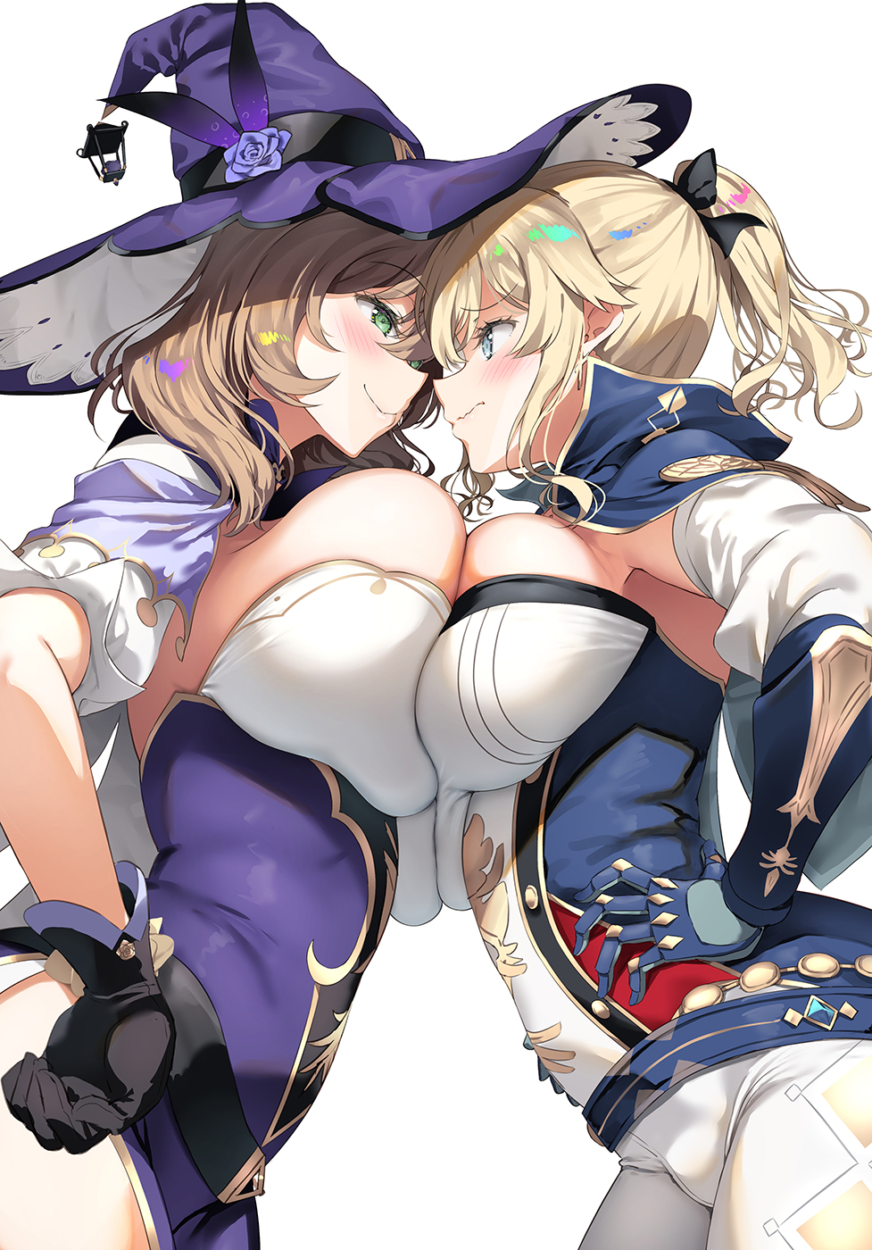 2girls asahina_hikage big_breasts blonde_hair blush breast_press breast_squish breasts brown_hair busty female female_only genshin_impact green_eyes hand_on_hip hand_on_own_hip highres huge_breasts jean_gunnhildr large_breasts light-skinned_female light_skin lisa_(genshin_impact) looking_at_another ponytail seductive side_view sideboob smile smug standing symmetrical_docking wavy_mouth witch_hat