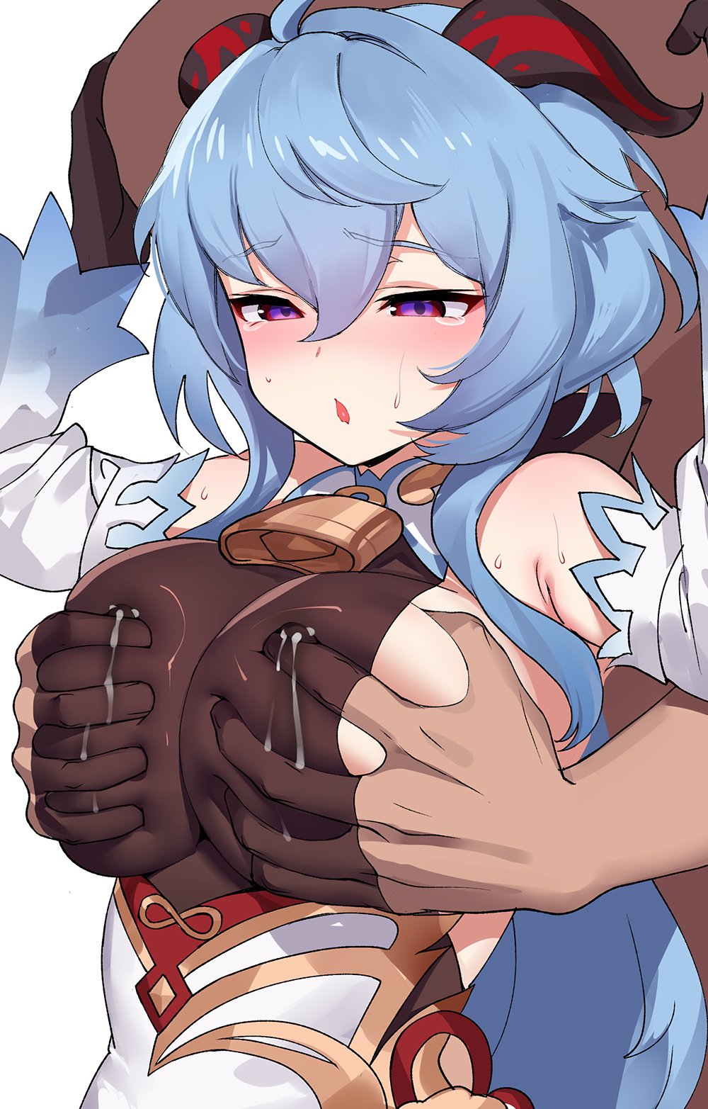 blush, bodysuit, breast grab, breast squeeze, breasts, cowbell, dark-skinned male, female, ganyu (genshin impact), genshin impact, goat horns, groping, lactation, large breasts, male, male/female, milk, ndgd, squeezing, squeezing breast
