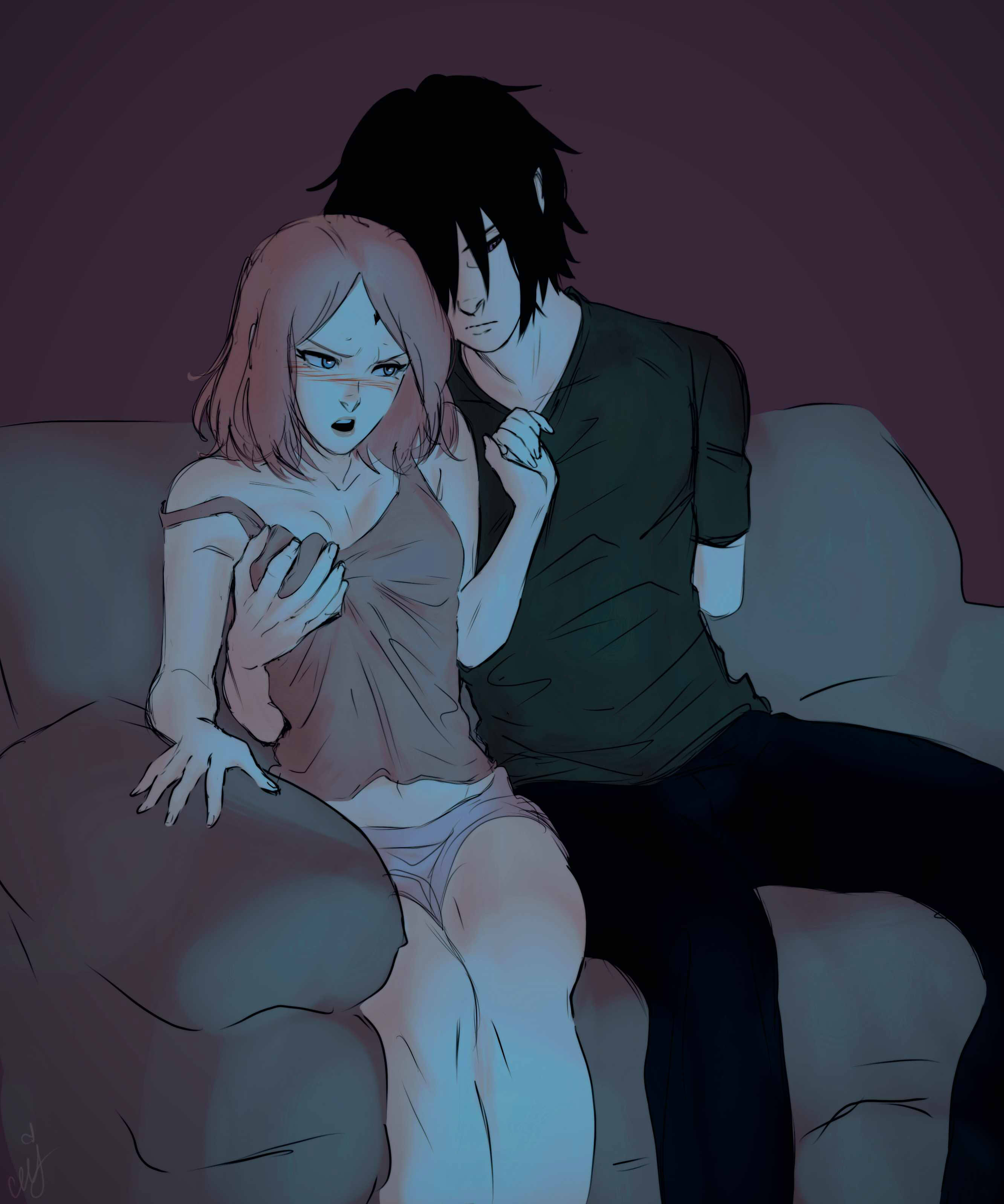 1boy, 1girls, amputee, blushing, breast grab, breasts, casual clothes, ceejss, couch, couple, female, grabbing, grabbing breast, grabbing breasts, groping, groping breast, groping breasts, groping from behind, male, naruto, naruto (series), naruto: the last, pink hair, sakura haruno, sasuke uchiha, simple background, tank top