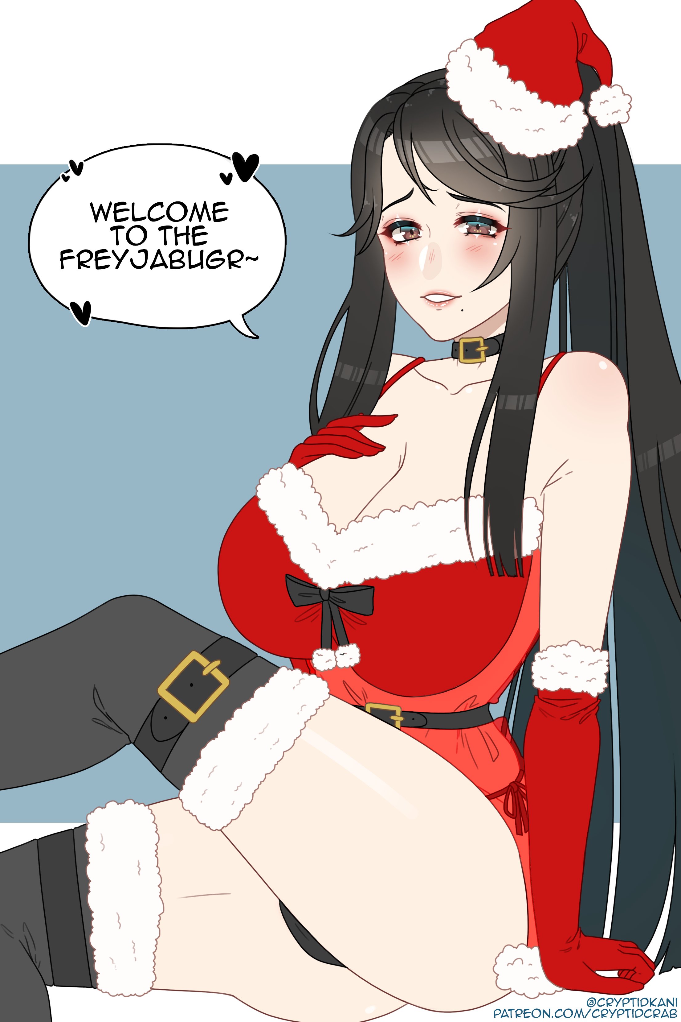 1girls, alternate costume, bare thighs, beauty mark, big breasts, black hair, black panties, breasts, choker, christmas, christmas outfit, cleavage, cryptid crab, english text, female, fire emblem, fire emblem fates, huge breasts, large breasts, long hair, looking at viewer, mikoto (fire emblem), milf, mole, nintendo, panties, pantyshot, pantyshot (sitting), ponytail, sitting, smile, solo, solo female, text, thick thighs, thighhighs, thighs, very long hair