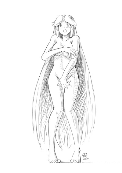 1girls, automatic giraffe, black and white, breasts, covering breasts, covering pussy, embarrassed, embarrassed nude female, enf, female, kid icarus, kid icarus uprising, long hair, naked, nintendo, palutena, pussy, sketch, source request