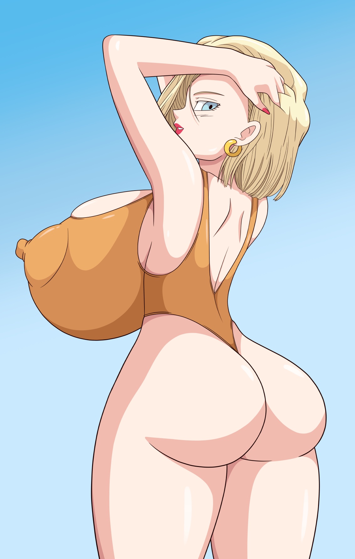 1girls, android 18, ass, blonde hair, blue eyes, breasts, cameltoe, cleavage, curvy, dragon ball, erect nipples, female, gigantic breasts, huge areolae, huge ass, nipples, puffy nipples, pussy, red lips, short hair, shounen jump, thick lips, toshiso, voluptuous, wide hips