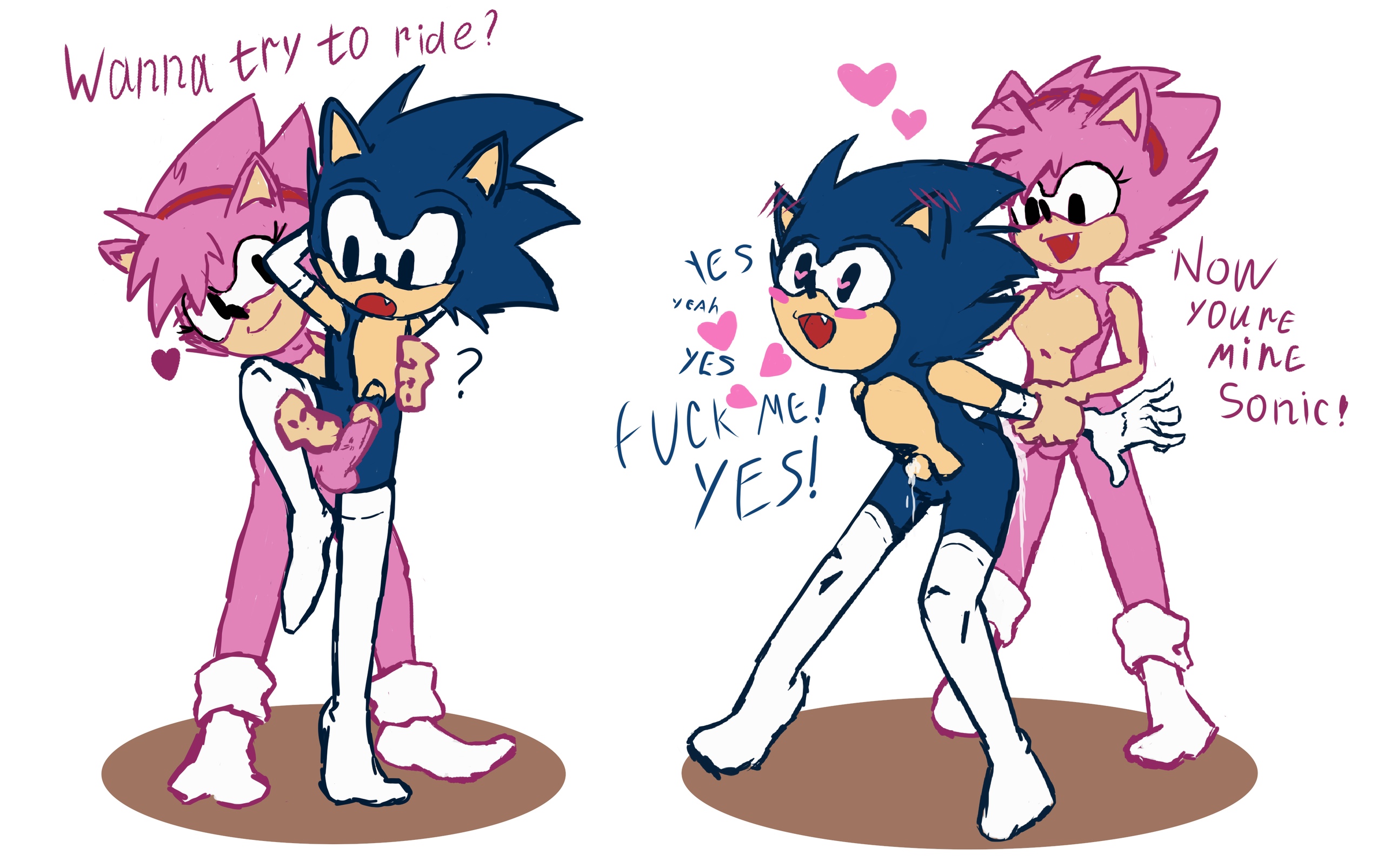 amy rose, anal, ass, classic amy rose, cum, cum in ass, cum while penetrated, english text, femboy, footwear, furry, futa on male, futanari, handwear, happy sex, heart-shaped pupils, intersex, male, malesub, mostly nude, socks, sonic (series), sonic the hedgehog, thighhighs