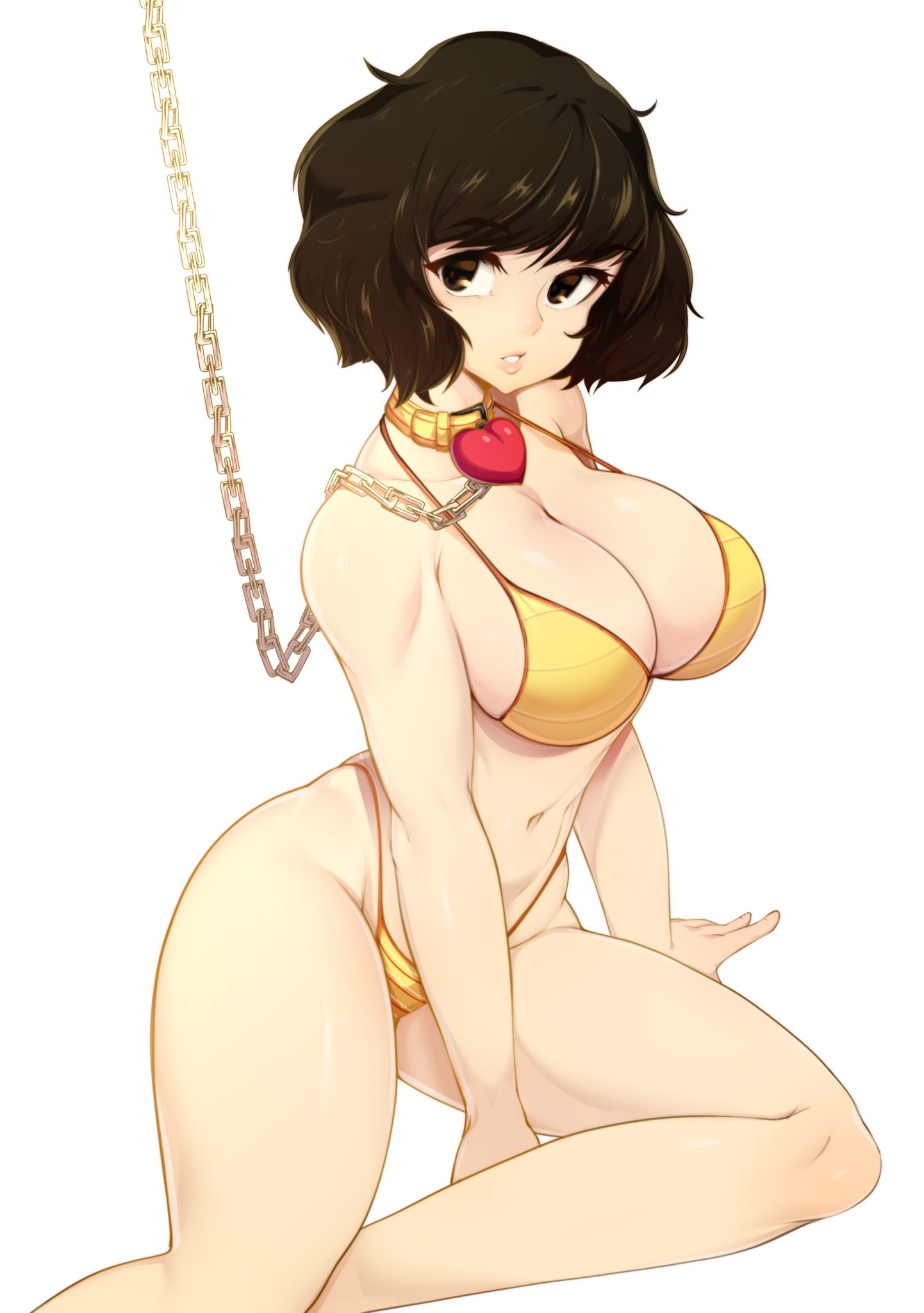 1girls, bikini, black eyes, black hair, breasts, brown hair, chain leash, chained, chains, collar, color, female, femsub, heart, large breasts, leash, light skin, light-skinned female, looking at another, looking away, looking up, medium hair, megami tensei, on the ground, pale skin, pale-skinned female, persona, persona 5, sadayo kawakami, short hair, slugbox, swimsuit, swimwear, thick thighs, white background