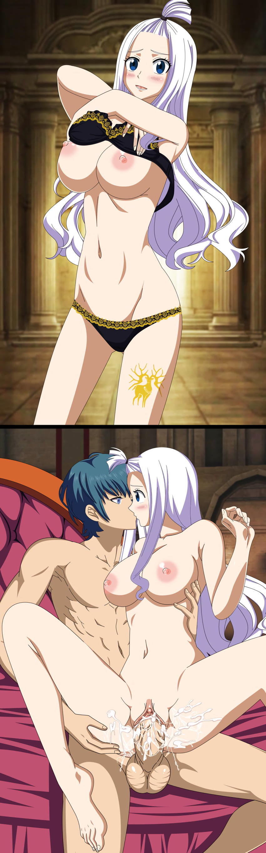 1boy, 1girls, artemisumi, balls, blue eyes, blue hair, blue-haired male, breasts, byleth (fire emblem), byleth (fire emblem) (male), clitoris, crossover, cum, cum in pussy, cum inside, fairy tail, female, fire emblem, fire emblem: three houses, kissing, large breasts, lavender hair, leg tattoo, lingerie, male, mirajane strauss, nintendo, penis, pussy, sex, straight, symbol, tattoo, testicles, thick thighs, thigh grab, thighs, torso grab, vagina, vaginal penetration, white hair, white-haired female, yellow tattoo