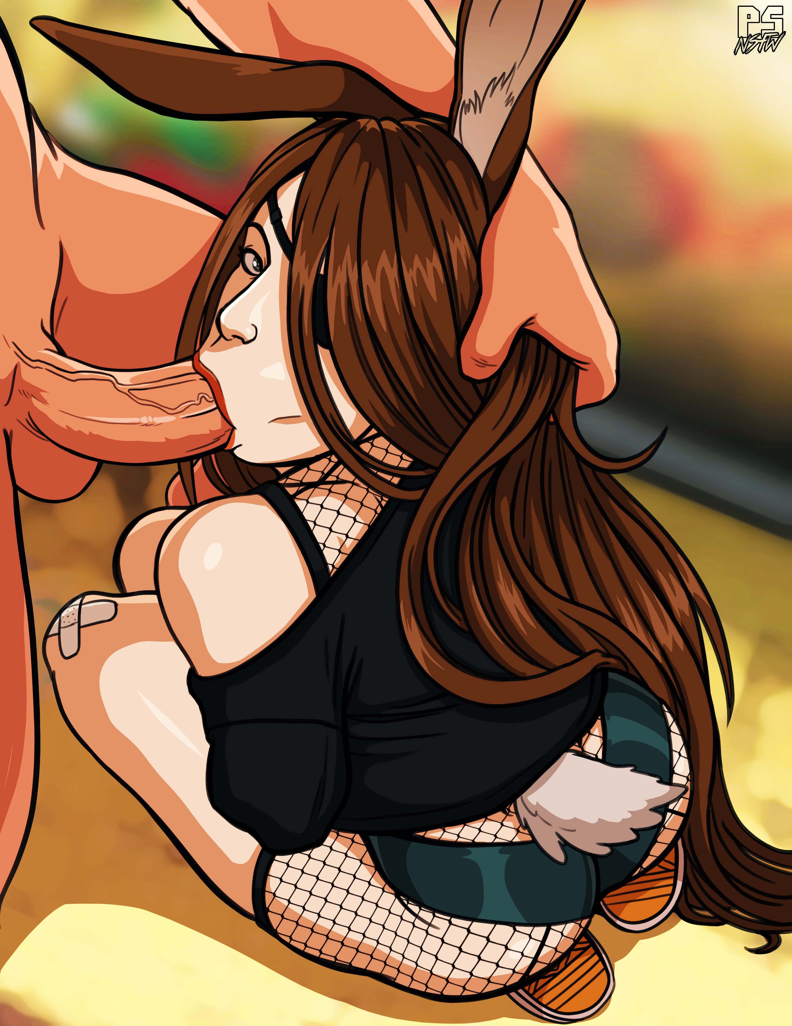 1girls, animal ears, animal humanoid, ass, bandaid, big penis, blowjob, brown eyes, brown hair, bunny, bunny ears, bunny girl, eye contact, eye patch, eyeshadow, female, fishnets, hand on head, juno (noriglow), kneeling, light skin, light-skinned male, long hair, looking at viewer, looking back, male, on floor, oral, pale skin, penis, pumpkinsinclair, red lipstick, slim, sweater, tagme, unseen male face, veiny penis