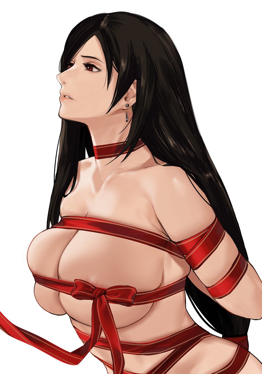 1girls, areolae, black hair, breasts, brown eyes, christmas, color, earring, earrings, female, final fantasy, final fantasy vii, hands behind back, j@ck, large breasts, light skin, light-skinned female, long hair, looking at another, looking up, nipples, pale skin, pale-skinned female, partially clothed, partially nude, partially visible nipples, pink areola, pink nipples, ribbon, ribbon bondage, ribbon choker, ribboned body, ribbons, rope, tifa lockhart, visible nipples, white background