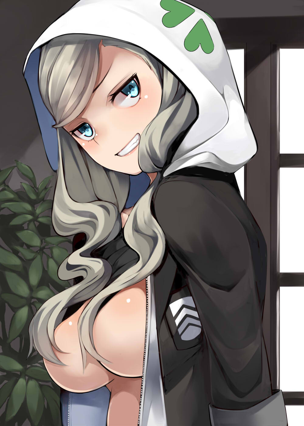 ann takamaki, breasts, female, hair censor, hair covering nipples, hoodie, long hair, looking at viewer, nemu (nebusokugimi), open shirt, persona, persona 5, video games
