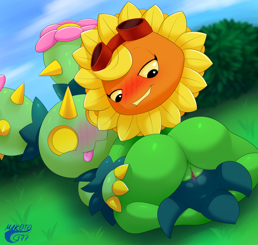 crossover, eastern and western character, female, female/female, flora fauna, makoto177, maractus, outdoors, plant, plant girl, plantie, plants vs zombies, plants vs zombies: heroes, pokemon, popcap, pvz, solar flare (pvz), sunflower (pvz), tribadism, yuri