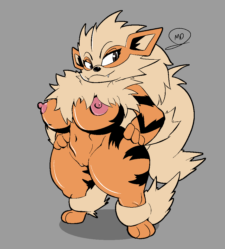 2020 aliasing anthro arcanine big_breasts breasts canid canine eyelashes fangs female fur genitals hands_on_hips mammal mdjoe nintendo nipples nude orange_body pokemon pokemon_(species) pussy shortstack signature simple_background smile solo stripes thick_tail thick_thighs video_games wide_hips