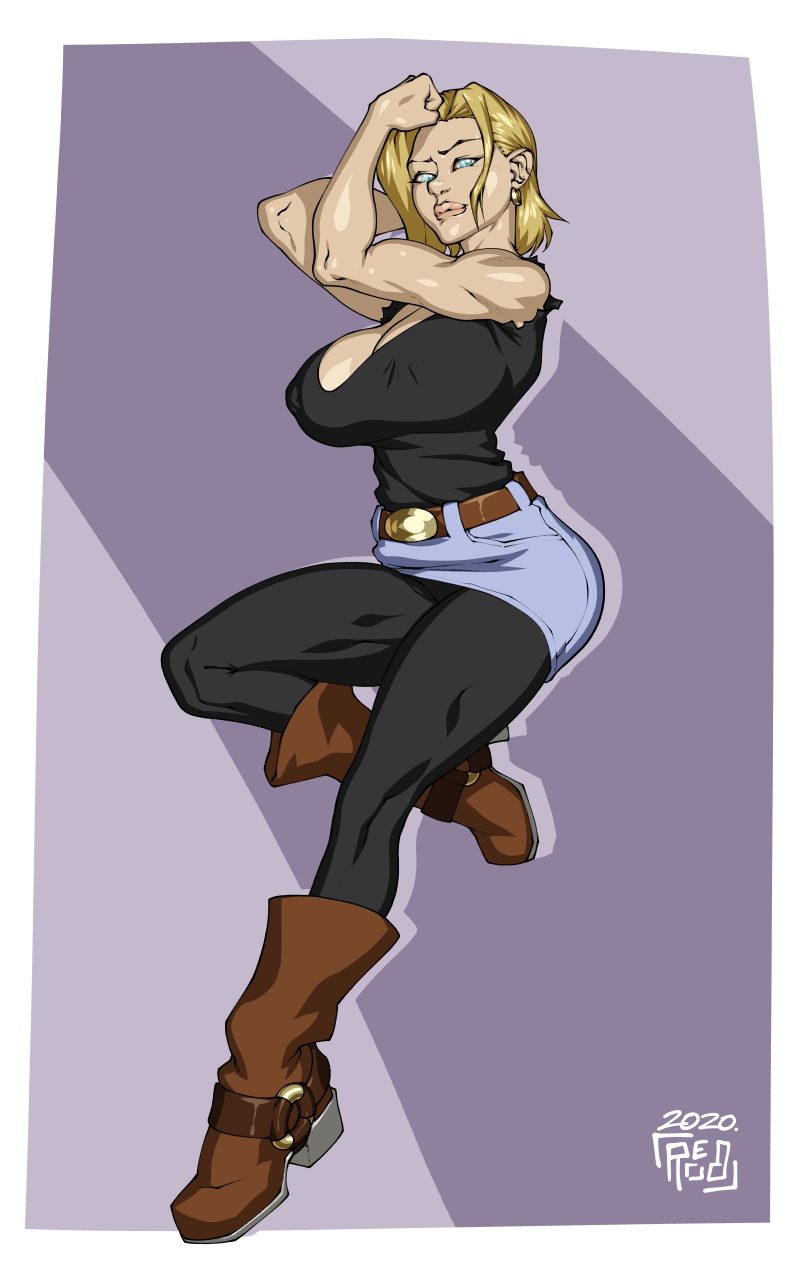 android_18 boots busty dragon_ball dragon_ball_z female female_focus female_only flexing hourglass_figure pinup pinup_pose pose posing reabault tagme wide_hips