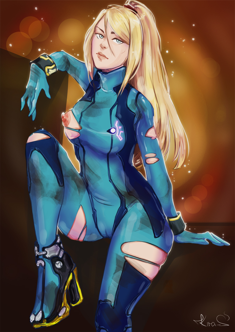 2020 artist_signature blonde_hair cameltoe female female_only female_protagonist kirass latex leaning_on_elbow metroid nintendo samus_aran skintight tight_clothing torn_clothes zero_suit zero_suit_samus