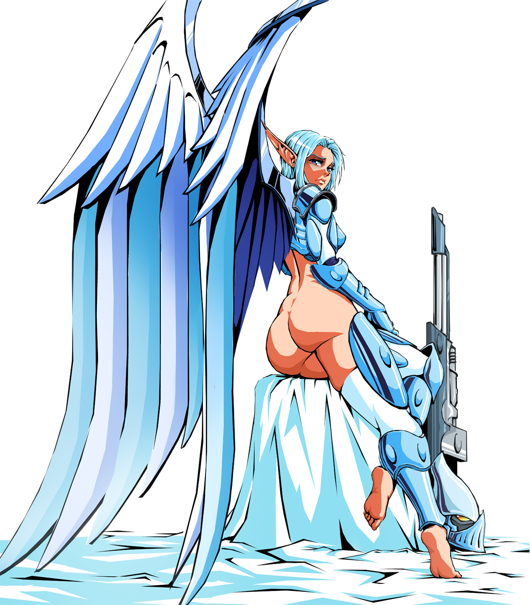 1girls, aeldari, armor, armwear, ass, barefoot, blue eyes, bottomless, breasts, casual, eldar, embarrassed, exposed torso, feet, female, female only, firearm, gun, handwear, headwear, helmet, legwear, lewdanon, long ears, looking back, mechanical wings, pale skin, pointy ears, rifle, short hair, soles, solo, solo female, swooping hawk, toes, warhammer (franchise), warhammer 40k, weapon, white hair, wings