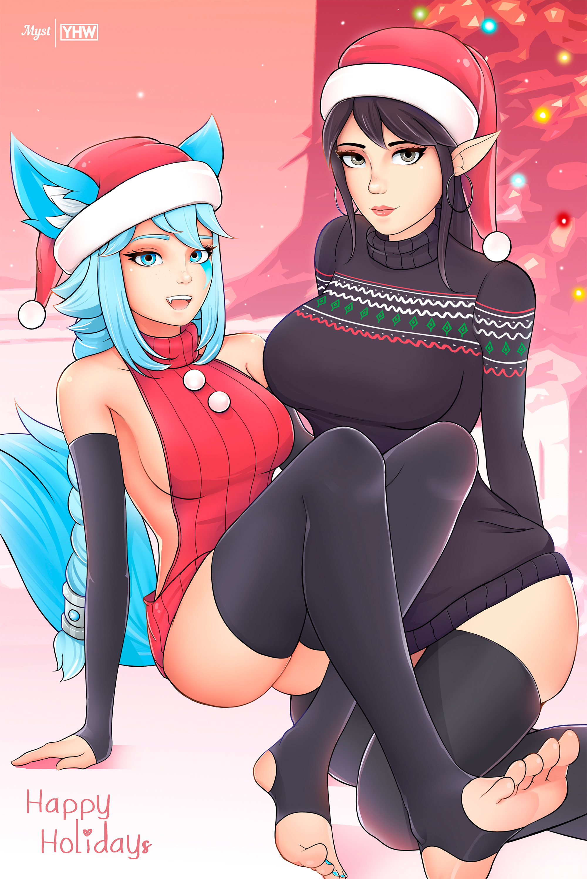 2girls, barefoot, christmas, christmas outfit, feet, feet up, female, female only, holidays, io (paladins), multiple females, multiple girls, myst, paladins, santa hat, stirrup legwear, stirrup socks, stirrup thighhighs, sweater, thighhighs, thighs, toenail polish, toes, virgin killer sweater, yhw, ying (paladins)