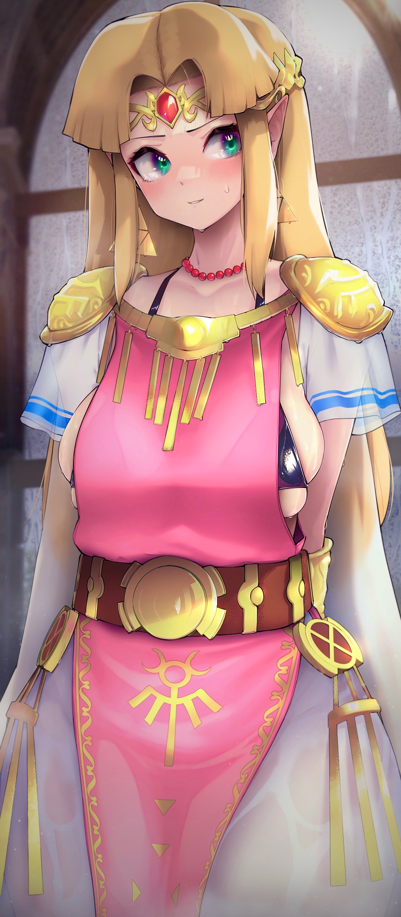 a link between worlds, big breasts, blonde hair, blush, blushing, breasts, embarrassed, female, female focus, female only, hizake, hylian, kashu (hizake), large breasts, long hair, nintendo, overflowing breasts, pointy ears, princess zelda, see-through, solo, tagme, the legend of zelda, zelda (a link between worlds)