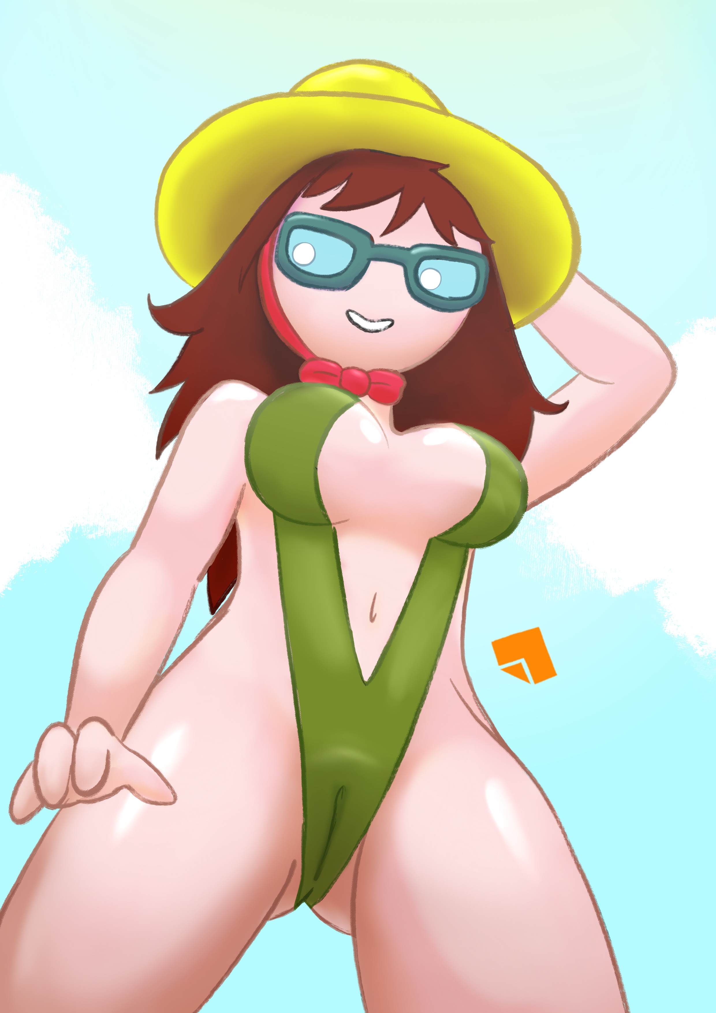 1girls, adventure time, betty grof, brown hair, cameltoe, cartoon network, erostash, female, glasses, outside, pussy, string bikini