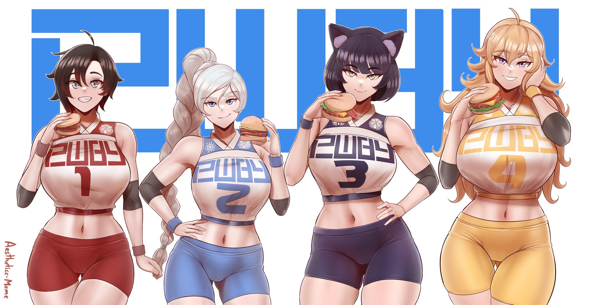 4girls, aestheticc-meme, animal ears, areolae, big breasts, bike shorts, black hair, blake belladonna, blonde hair, blue eyes, breasts, burger, cat ears, clothed, clothing, eating, faunus, female, female only, food, gym uniform, highres, huge breasts, human, humanoid, kemonomimi, large breasts, long hair, multiple females, multiple girls, pale skin, ponytail, purple eyes, rooster teeth, ruby rose, rwby, shirt, short hair, shorts, silver eyes, smile, standing, take your pick, team rwby, thigh gap, weiss schnee, white hair, yang xiao long, yellow eyes
