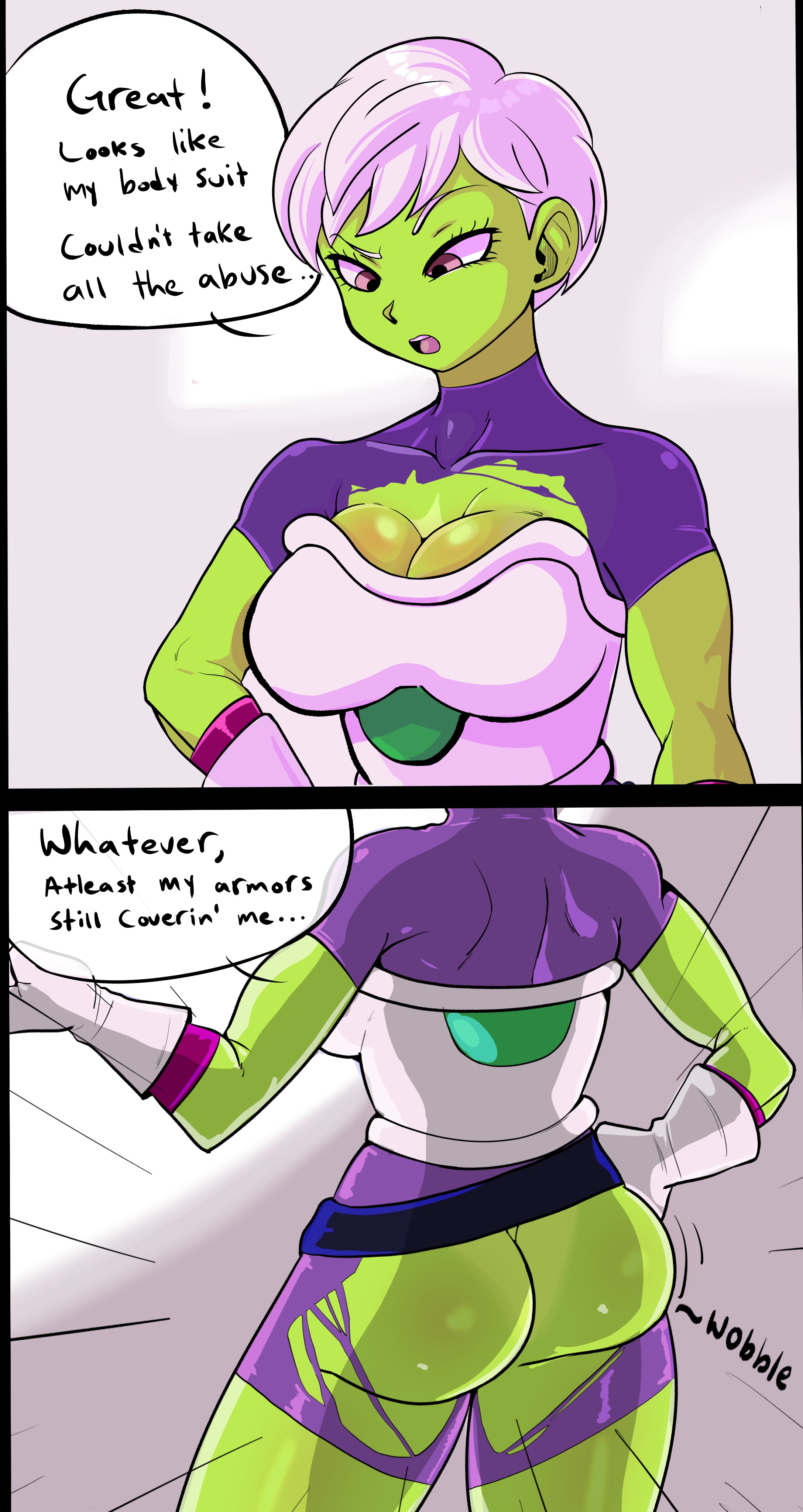1girls, alien, alien girl, ass, big breasts, breasts, bubble ass, bubble butt, busty, cheelai, cleavage, comic, dragon ball, dragon ball super, female, green skin, hourglass figure, humanoid, pseudocel, short hair, speech bubble, tagme, text, unaware, white hair, wide hips