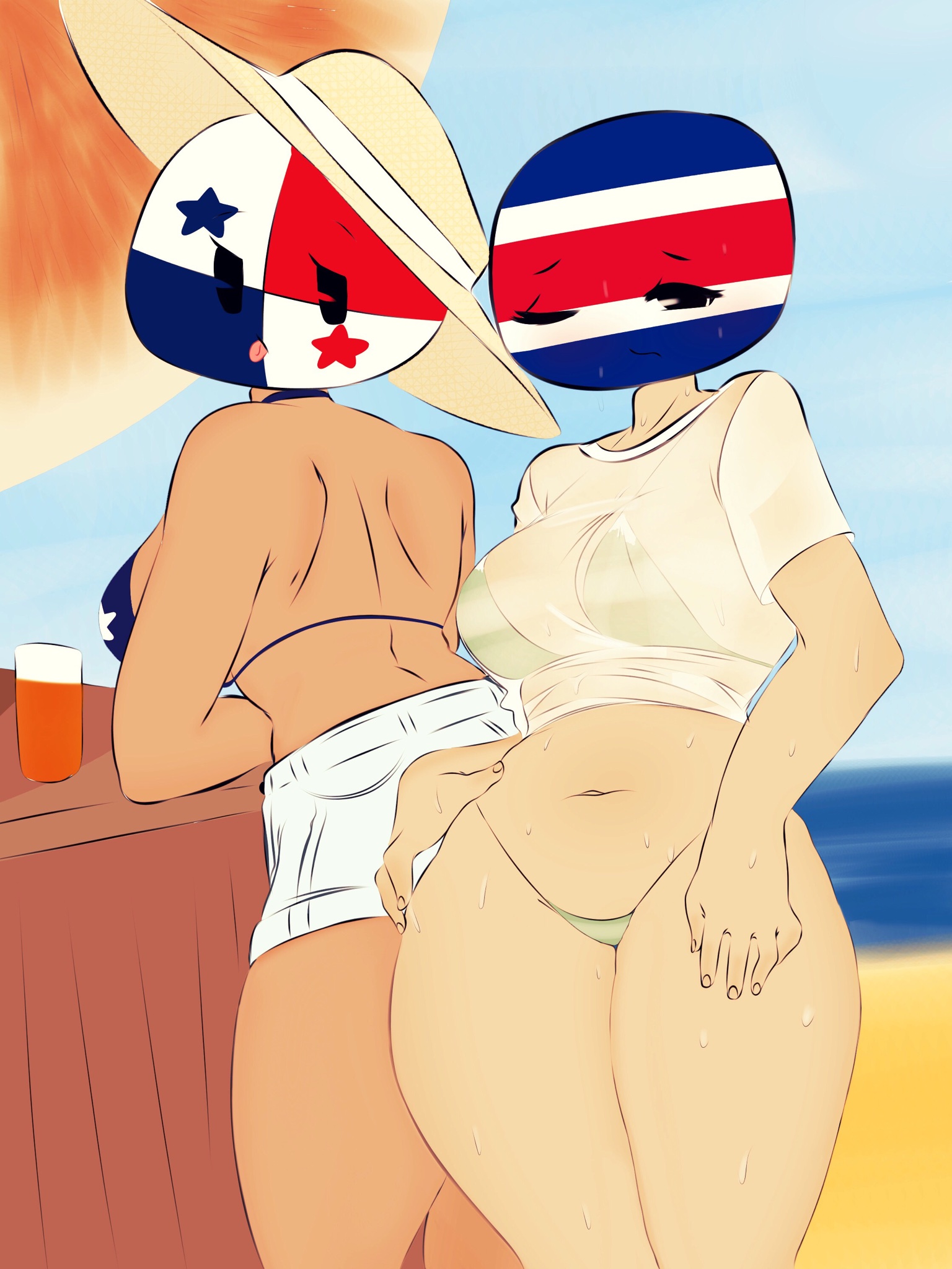 2girls, bikini, bikini bottom, breasts, costa rica (countryhumans), costa rican flag, countryhumans, countryhumans girl, curvy, female, female only, flawsy, highleg bikini, latina, panama (countryhumans), panamanian flag, shorts, string bikini, sweat, thick thighs, tongue, transparent clothing, waist, wide hips