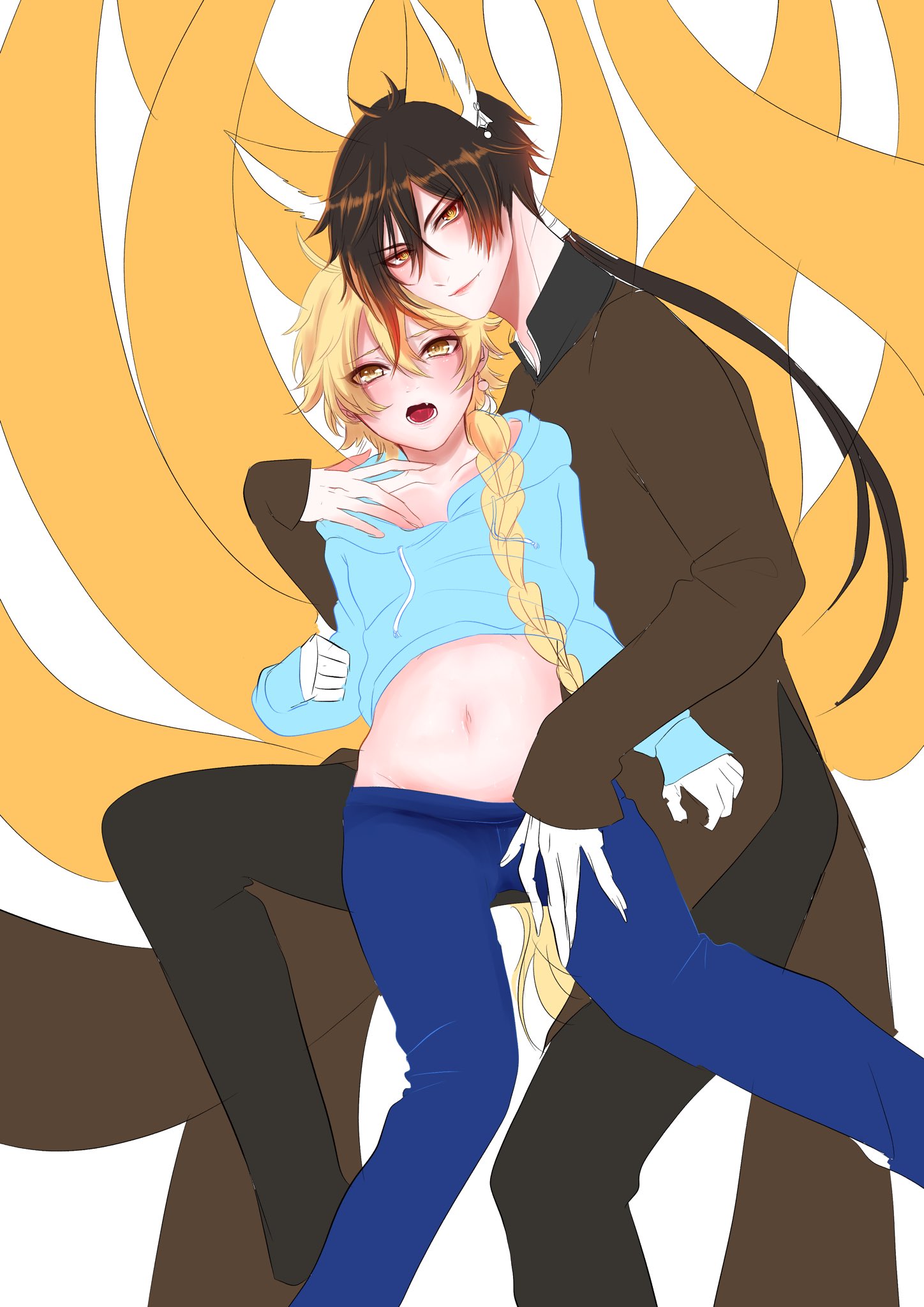 2boys, aether (genshin impact), amber eyes, blonde hair, braid, brown hair, climax, femboy, fondling, fox ears, fox tail, gay, genshin impact, hoodie, kemonomimi, kitsune, long hair, male, male only, midriff, navel, penis, sex slave, size difference, sleeves past wrists, teasing, touching penis, yaoi, yellow eyes, zhongli (genshin impact)