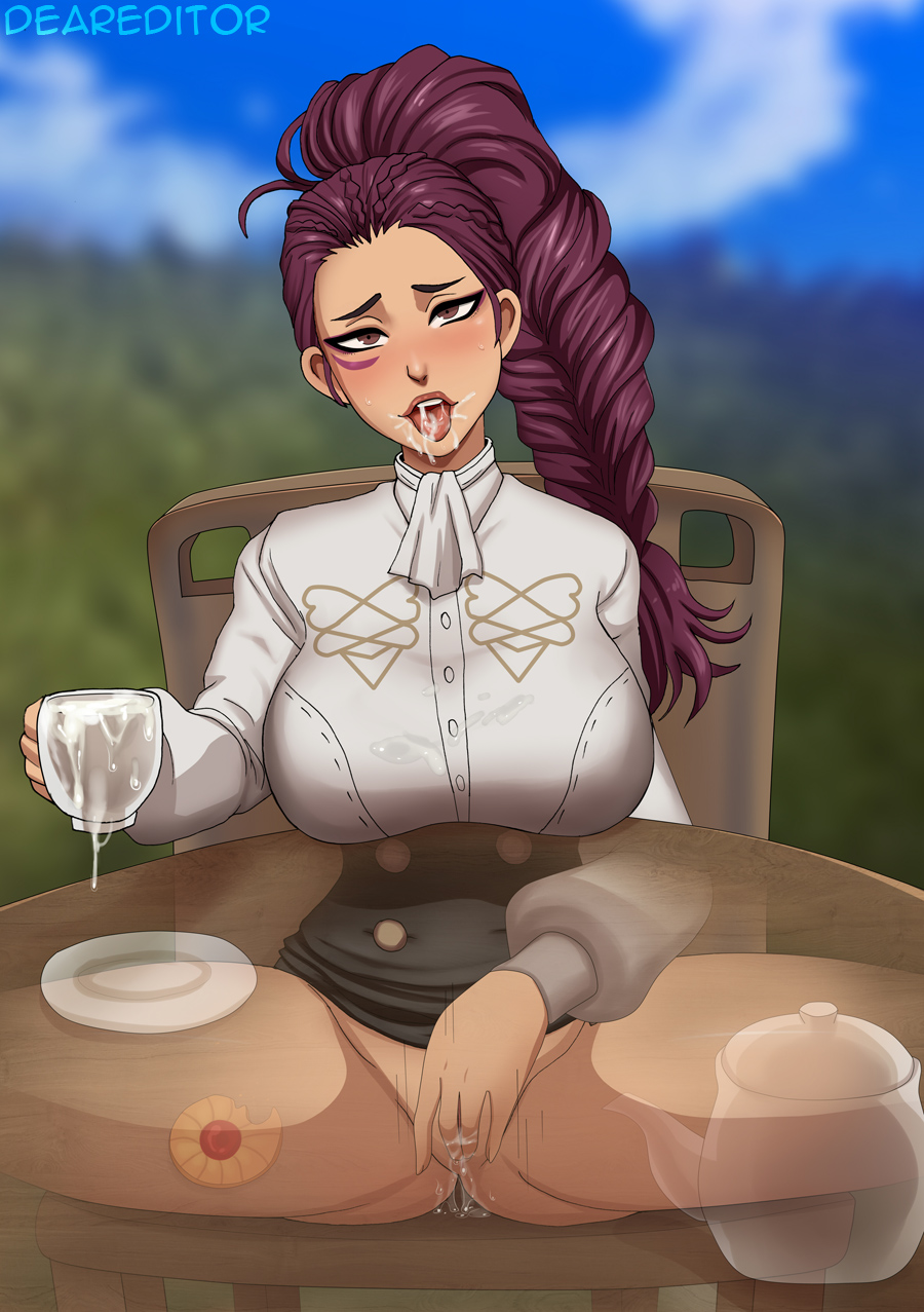 1girls braid braided_ponytail brown_eyes chair cum cum_in_container cum_in_cup cum_in_mouth cum_on_breasts cum_on_tongue cup deareditor drinking_cum facial_mark fingering fire_emblem fire_emblem:_three_houses garreg_mach_monastery_uniform large_breasts long_hair looking_at_viewer masturbation nintendo petra_macneary ponytail public purple_hair pussy pussy_juice solo table tea_time teacup teatime tongue tongue_out under_the_table vaginal_penetration x-ray