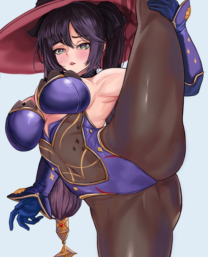 female, fully clothed, genshin impact, loooyd, mona (genshin impact), pantyhose, simple background, splits, tagme, vertical splits