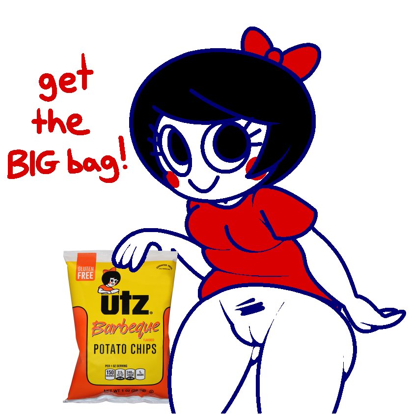 1girls 2018 black_hair blep blush bottomless cute female holding_object mascot red_bow simple_background solo tagme utz utz_girl vilepluff white_skin