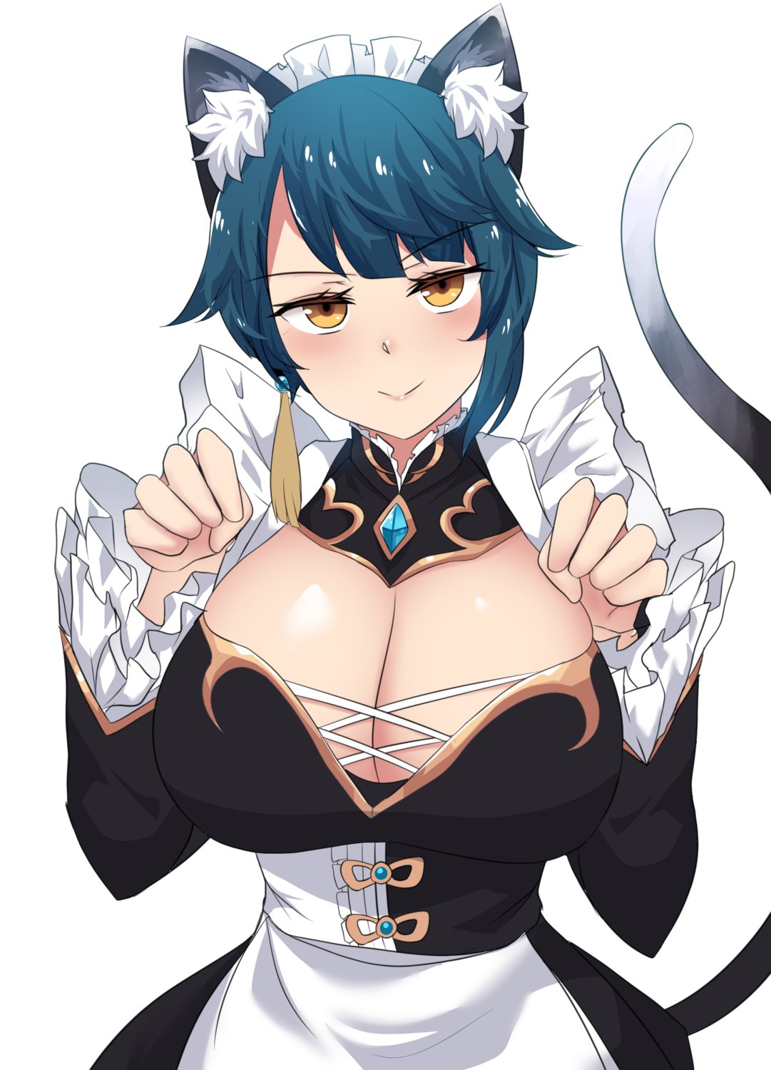 :>, 1girls, 2020, animal ear fluff, animal ears, black clothing, blue hair, breasts, cat ears, cat girl, cat tail, catgirl, cleavage cutout, clothed, clothing, corset, earrings, eyebrows visible through hair, female, frills, fully clothed, genderswap, genderswap (mtf), genshin impact, gradient hair, highres, hinghoi, jewelry, kemonomimi, kemonomimi mode, large breasts, looking at viewer, maid, maid headdress, maid uniform, paw pose, raised tail, rule 63, simple background, single earring, skirt, smile, standing, tail, uniform, white background, xingqiu (genshin impact), yellow eyes