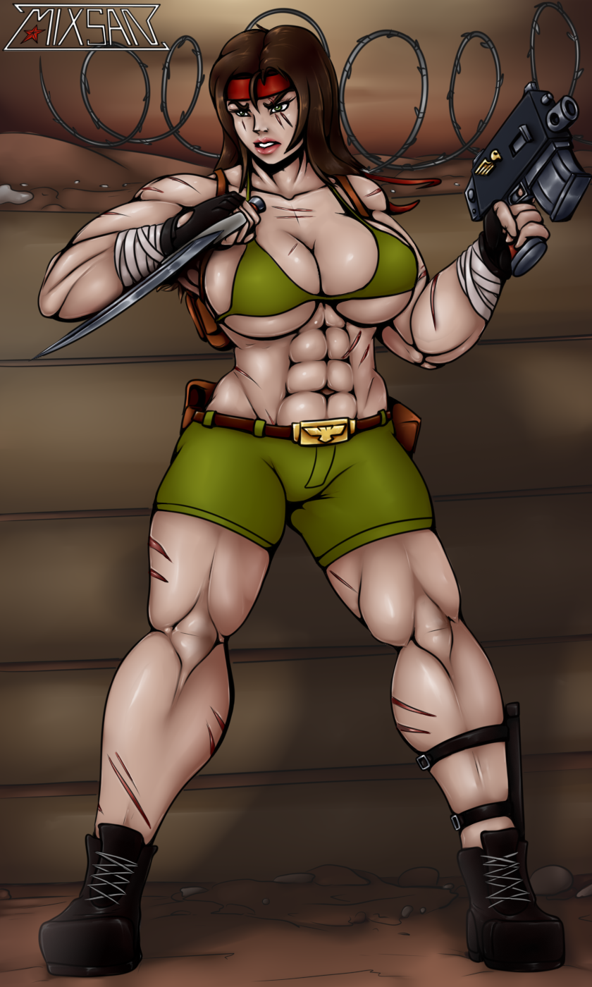 1girls abs armpits astra_militarum bolter brown_hair catachan_jungle_fighters combat_knife female female_only guardswoman_(warhammer_40k) gun imperial_guard imperium_of_man knife large_breasts muscular_female romman08 scar scars solo solo_female warhammer_(franchise) warhammer_40k