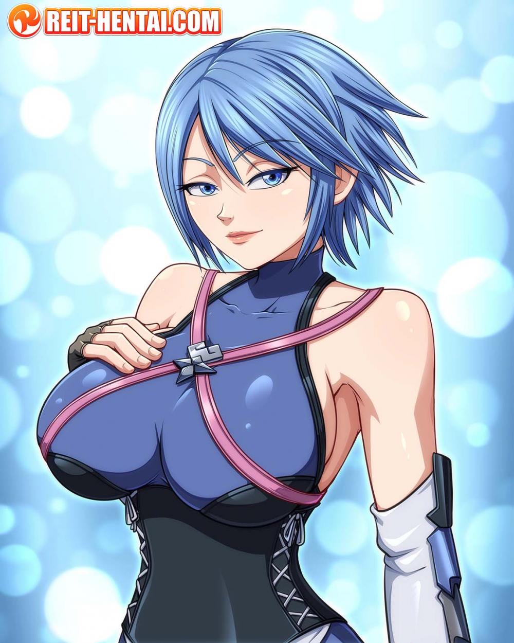 1girls, aqua (kingdom hearts), big breasts, blue eyes, blue hair, blue-haired female, breasts, clothed, clothing, disney, female, kingdom hearts, reit, short hair, smiling at viewer, solo, square enix