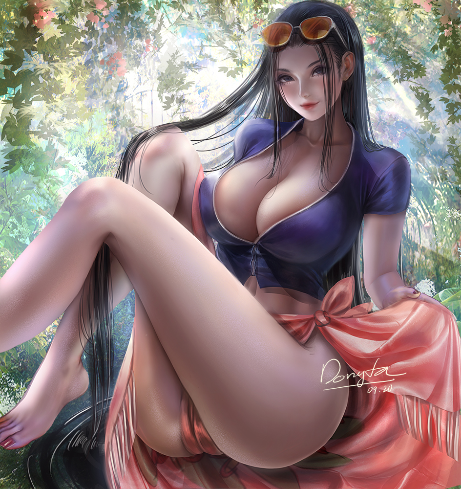 1girls bangs barefoot big_breasts black_hair blue_eyes breasts cleavage detailed_background donyta feet female female_only glasses glasses_on_head huge_breasts knees_up large_breasts lipstick long_hair looking_at_viewer makeup nail_polish nature nico_robin one_piece outdoors post-timeskip sarong shirt sitting skirt smile sunglasses toes unzipped very_long_hair water wrapped